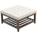 Ottoman Coffee Table, 32 Inch Square Footrest Ottoman with Storage, Linen Upholstered Tufted Footstool, Beige