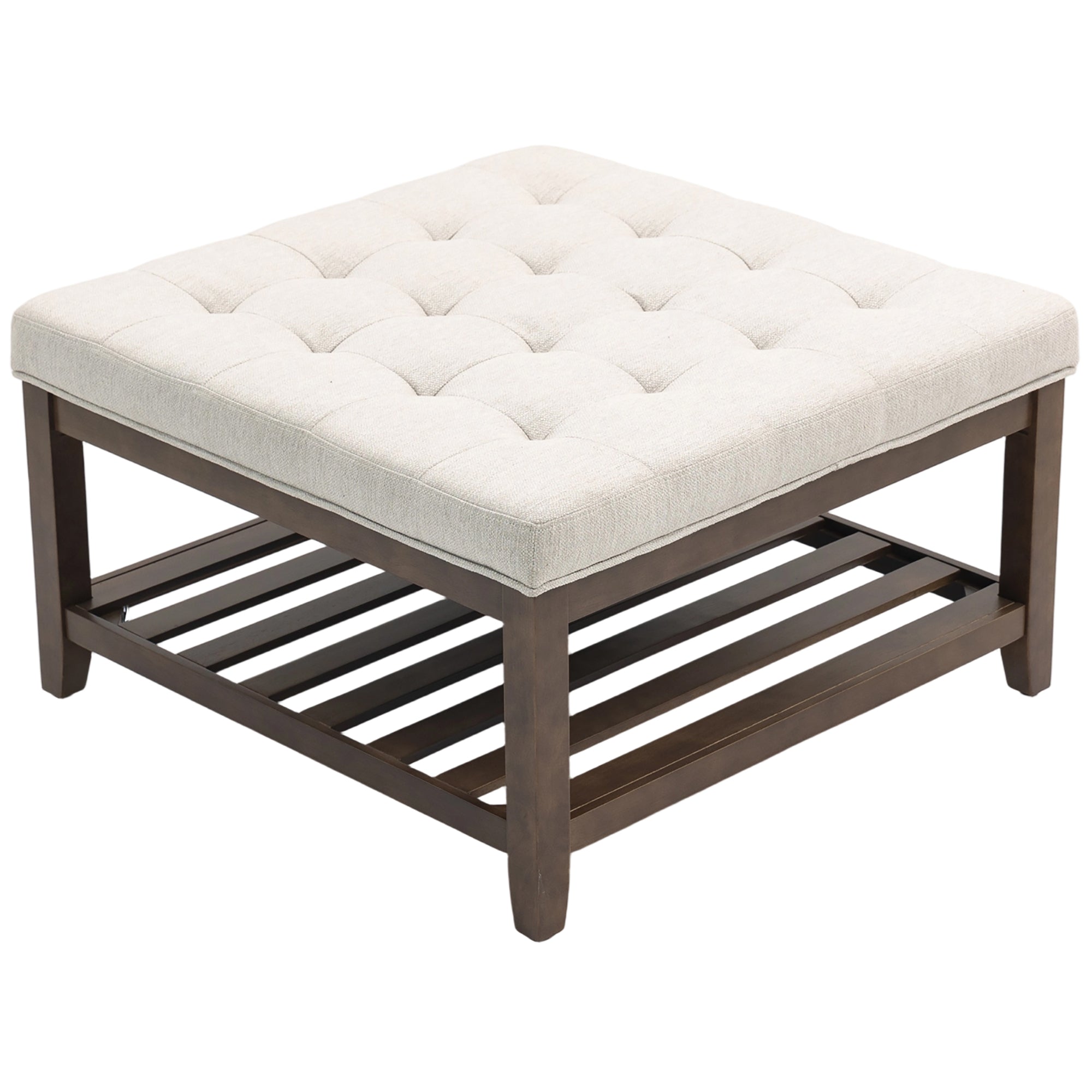Ottoman Coffee Table, 32 Inch Square Footrest Ottoman with Storage, Linen Upholstered Tufted Footstool, Beige