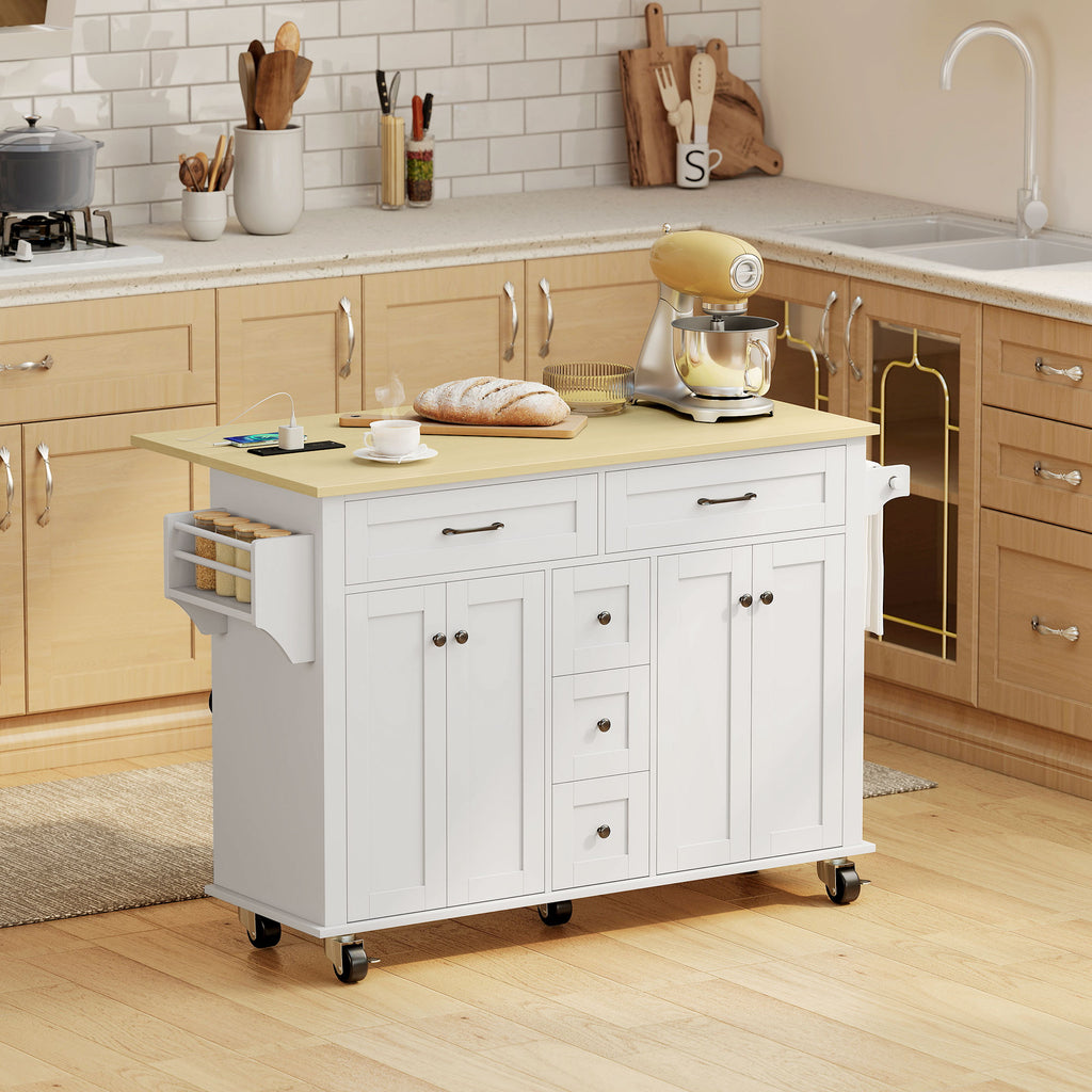 Kitchen Island Cart with Power Outlet & Drop Leaf, 55" Rolling Kitchen Island on Wheels with Storage, White