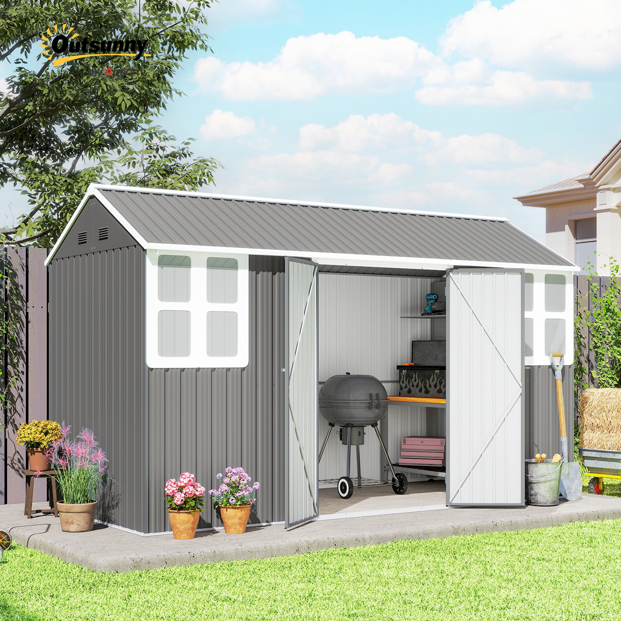 12' x 5.5' Metal Garden Storage Shed, Outdoor Tool Storage House with Lockable Door, Vents, Sloped Roof, Light Grey