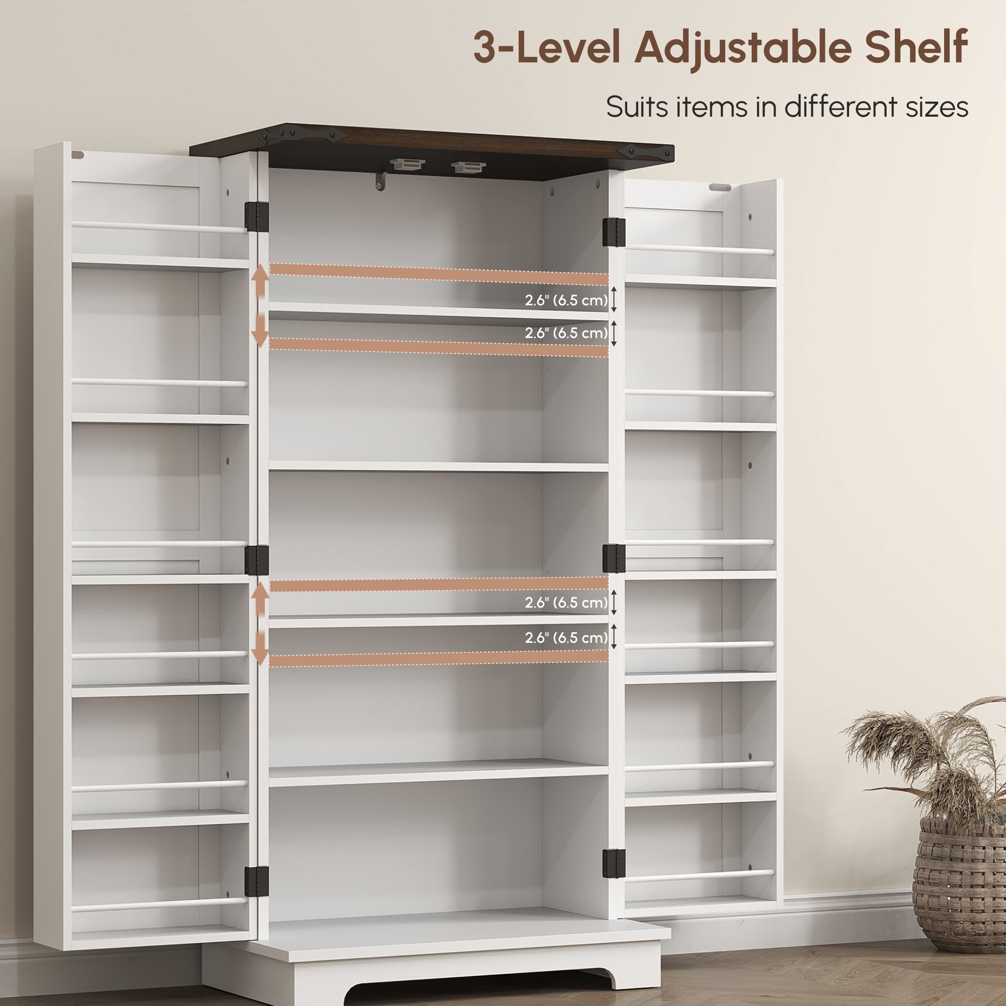 47" Kitchen Pantry Storage Cabinet, Farmhouse Kitchen Pantry Cabinet with Adjustable Shelves and Door Shelves, White