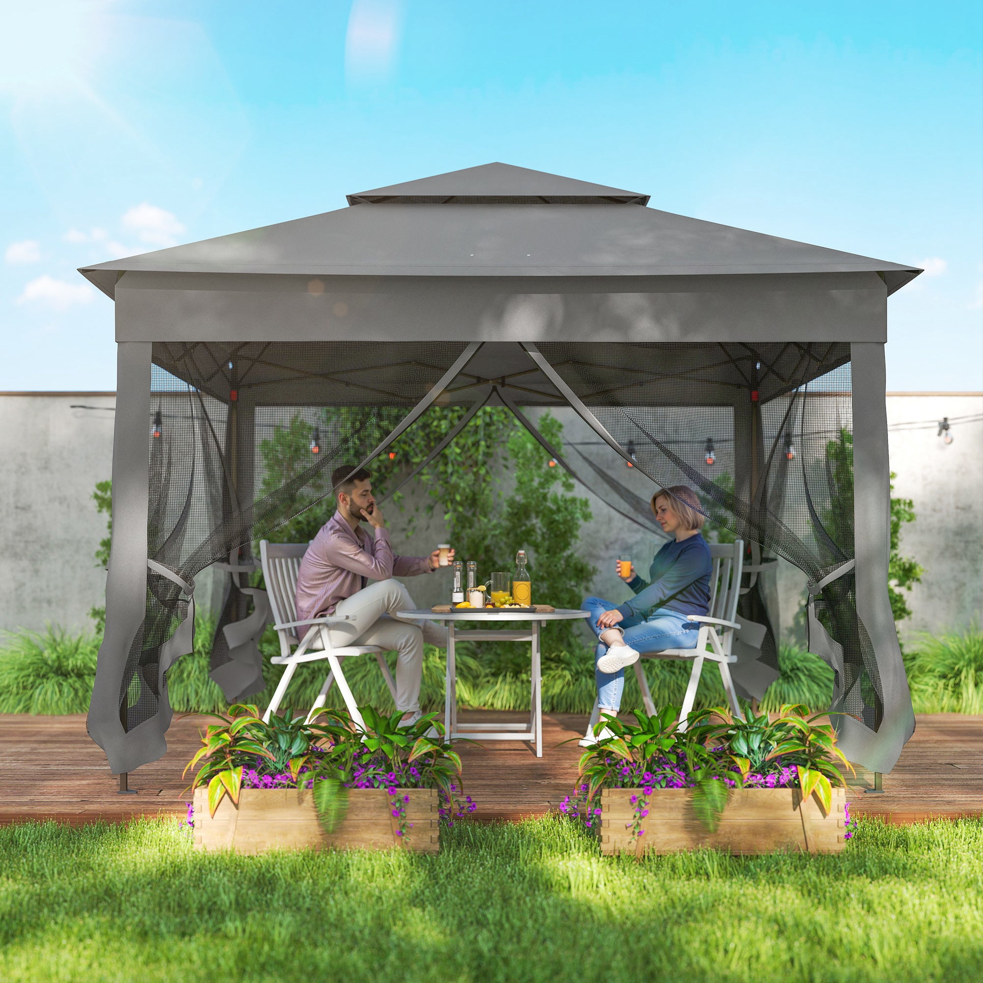 11' x 11' Pop Up Gazebo 2-Tier Soft Top Shelter Event Tent w/ Netting Carry Bag for Patio Backyard Garden, Dark Grey