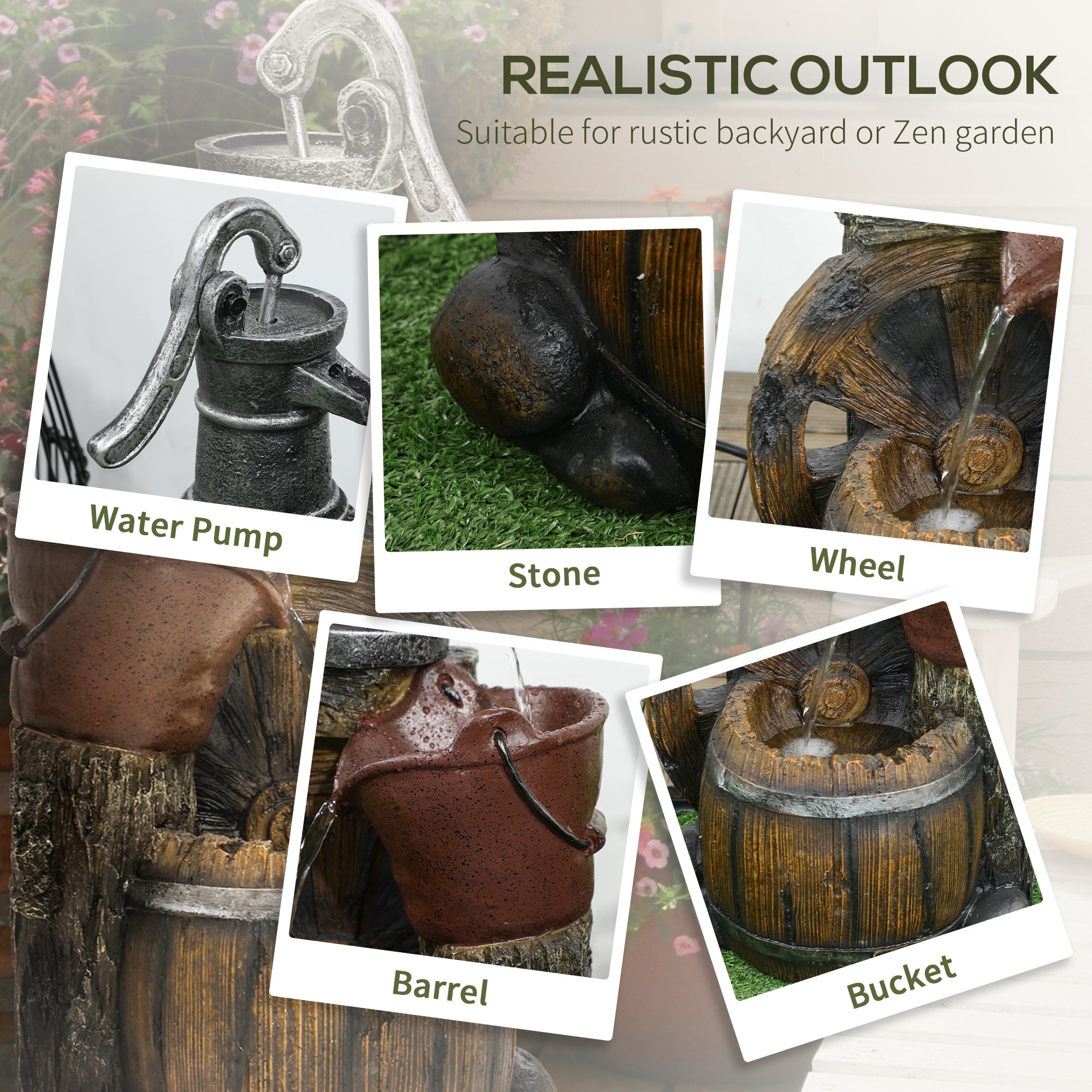 Rustic Waterfall Fountain with Old Fashion Pump Barrel Wheel, 3-Tier Cascading Outdoor Fountain with Adjustable Flow, Decorative Water Feature for Zen Garden, Deck, Porch