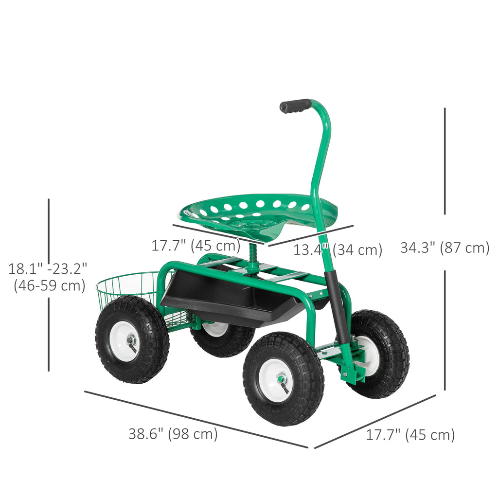 Garden Scooter, Rolling Cart with Swivel and Adjustable Seat, Tool Tray, Bucket Basket, Green and Black