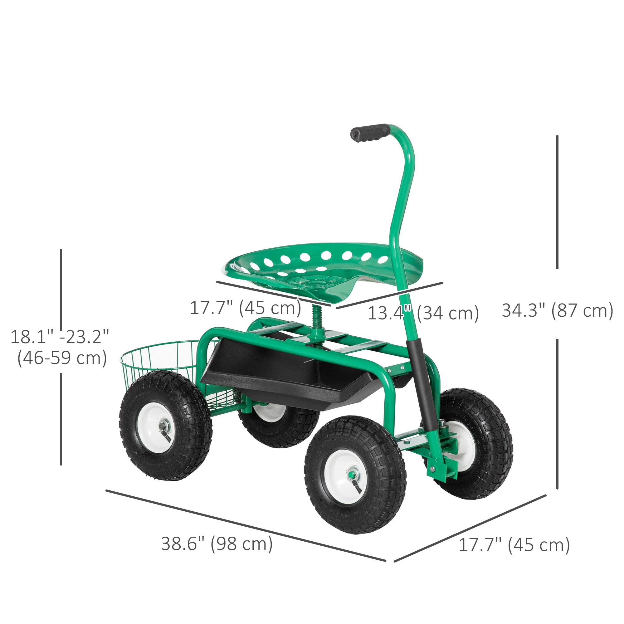 Garden Scooter, Rolling Cart with Swivel and Adjustable Seat, Tool Tray, Bucket Basket, Green and Black