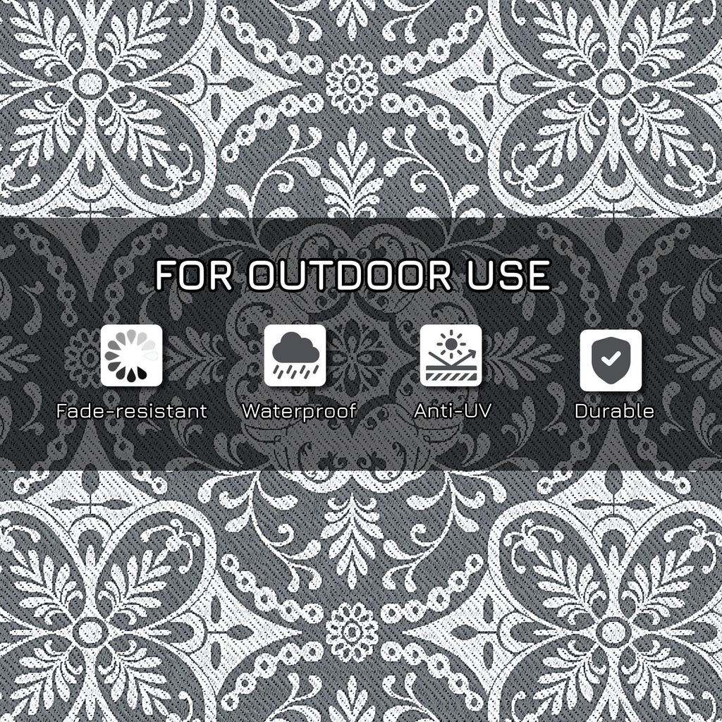 Portable Outdoor Rug with Carry Bag, 9' x 12' Reversible Mat, Waterproof Plastic Straw RV Rug for Backyard, Deck, Picnic, Beach, Camping, Gray & White Flower