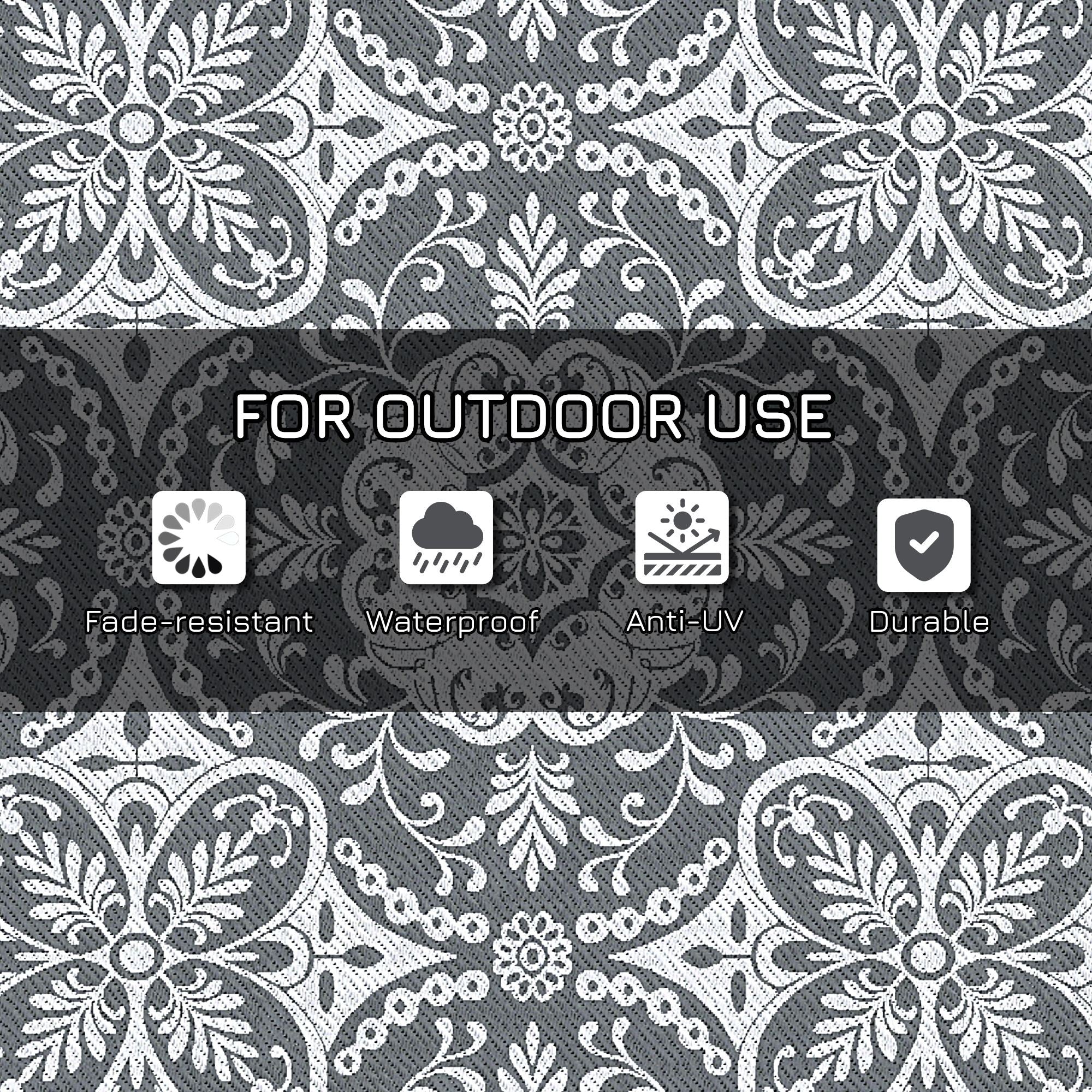 Portable Outdoor Rug with Carry Bag, 9' x 12' Reversible Mat, Waterproof Plastic Straw RV Rug for Backyard, Deck, Picnic, Beach, Camping, Gray & White Flower