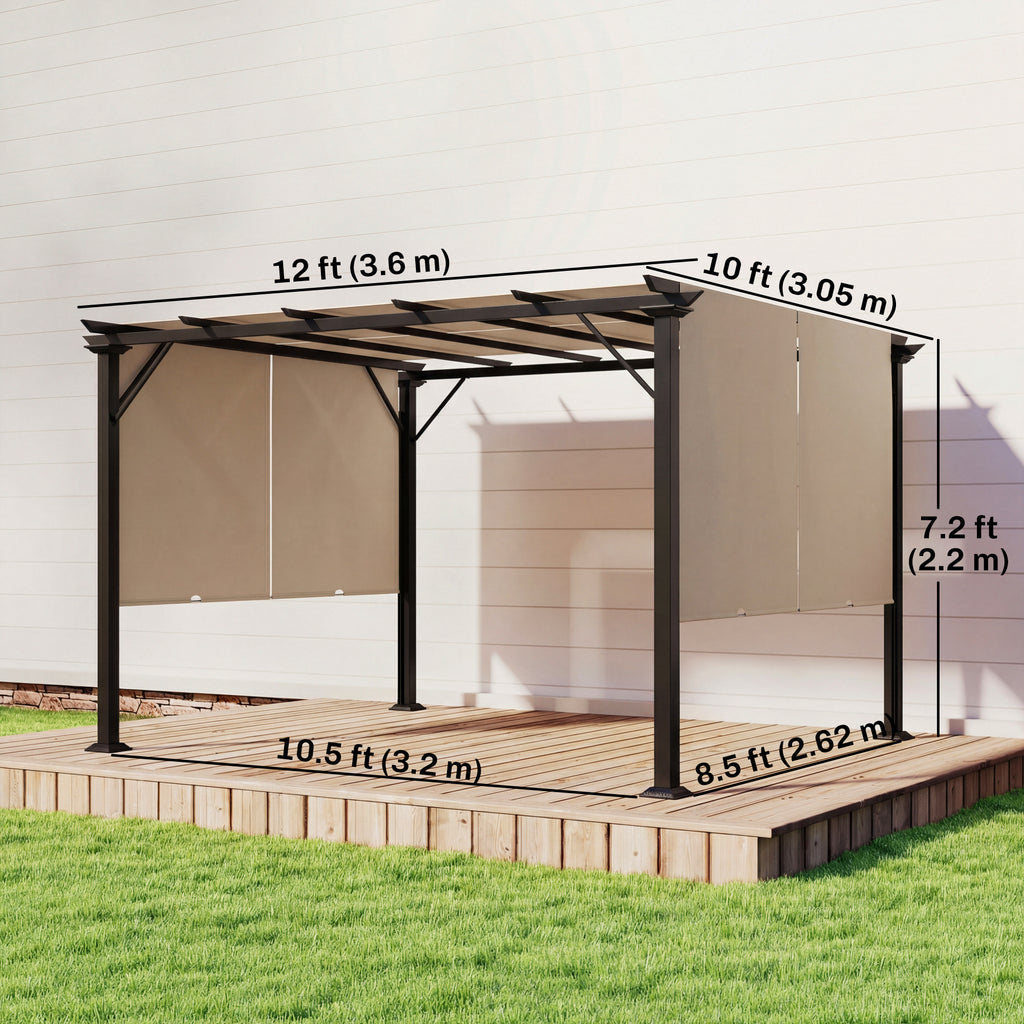 12' x 10' Outdoor Patio Gazebo Pergola with Retractable Canopy Roof, Steel Frame with Stakes, Light Brown