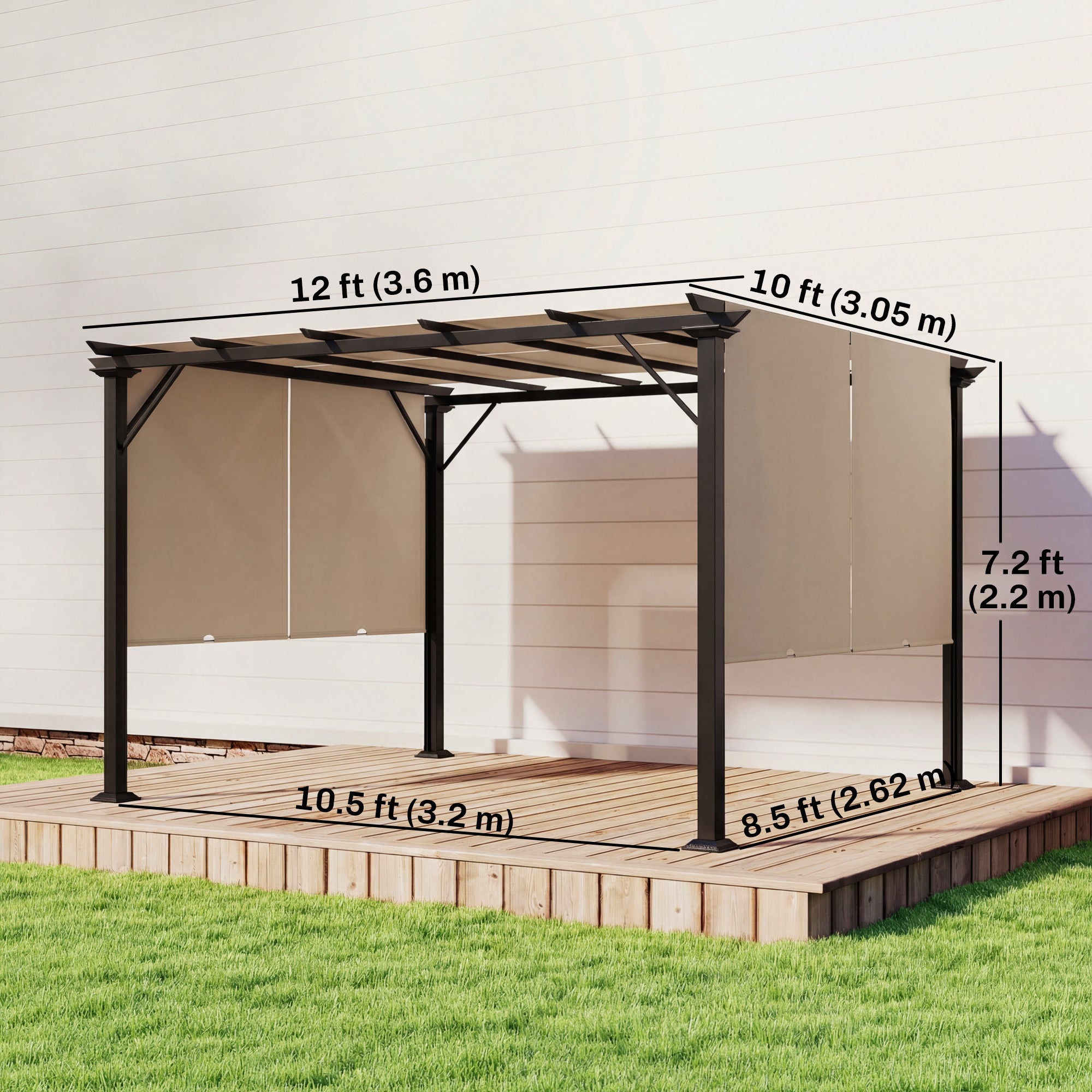 12' x 10' Outdoor Patio Gazebo Pergola with Retractable Canopy Roof, Steel Frame with Stakes, Light Brown