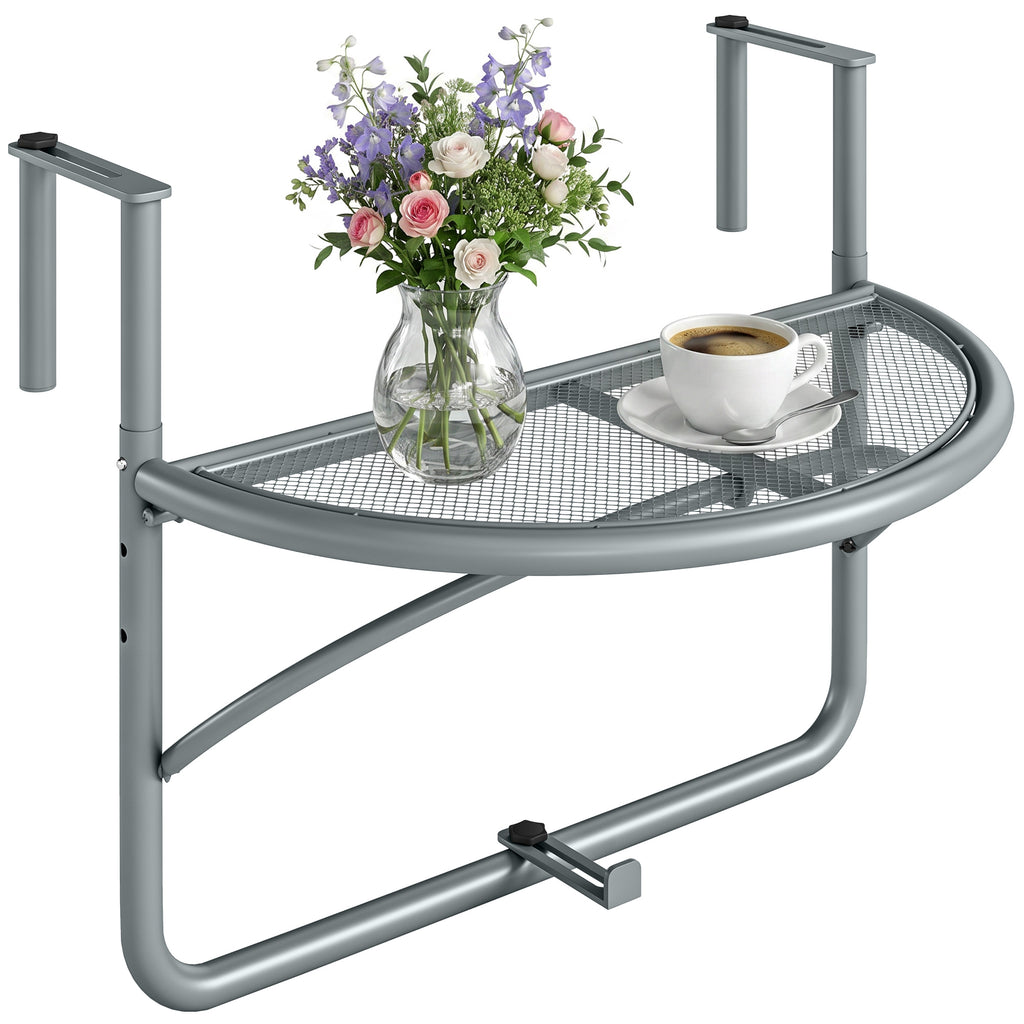 Adjustable Balcony Hanging Railing Table, Metal Mounting Mini Wall Desk Storage Rack, Outdoor Flower Stand Serving Table Half Round, Grey