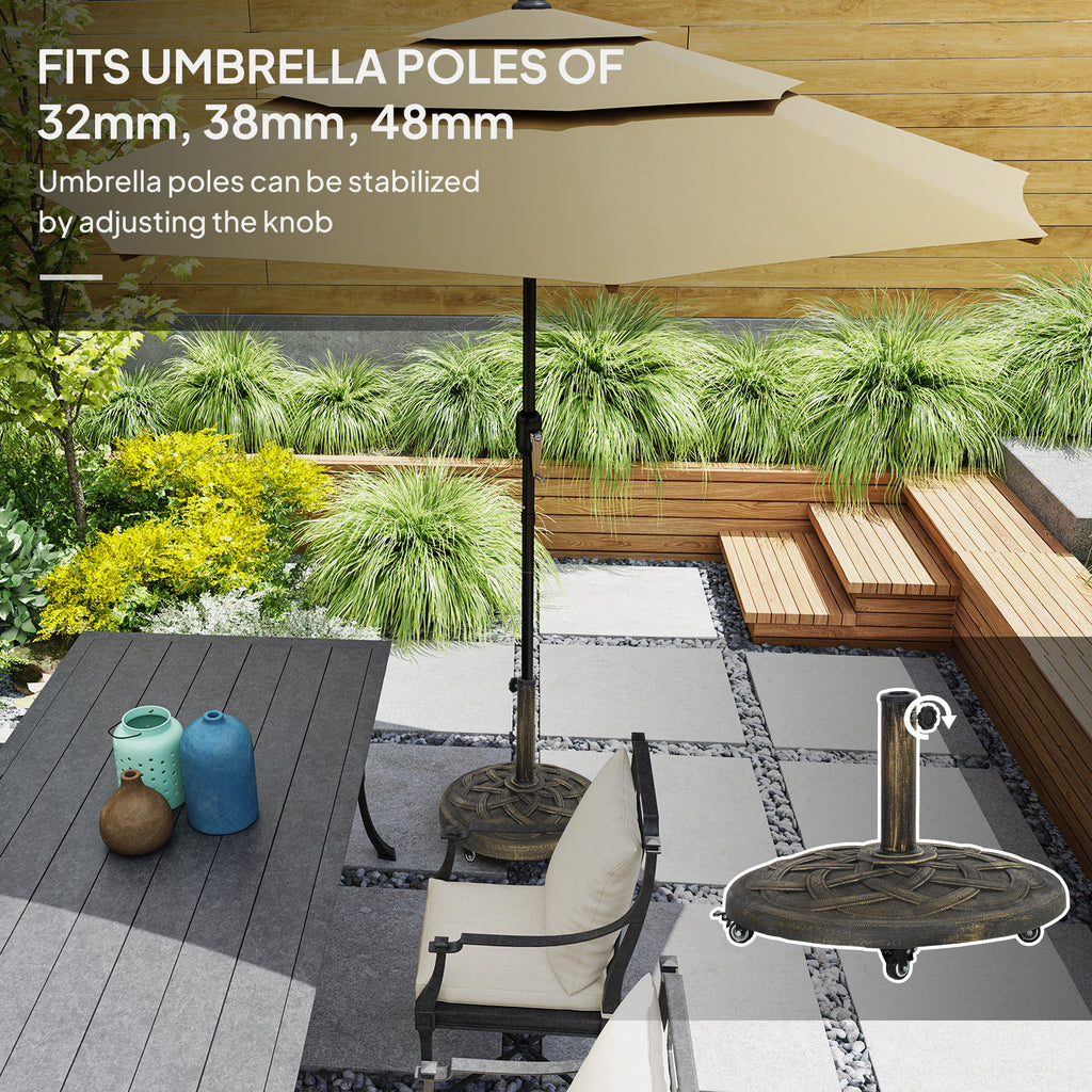 Round Patio Umbrella Base with Wheels, 44 lbs Resin Umbrella Stand Base, 1.3"/1.5"/1.9" Umbrella Poles Bronze