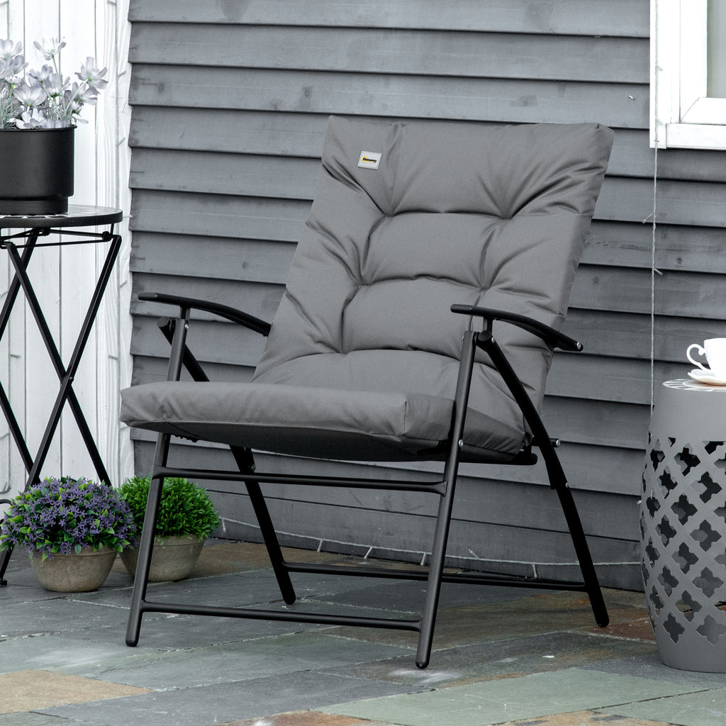 Foldable Lounge Chair, Fabric Upholstered Recliner, Outdoor Lounger with Armrest, Metal Frame for Backyard, Grey