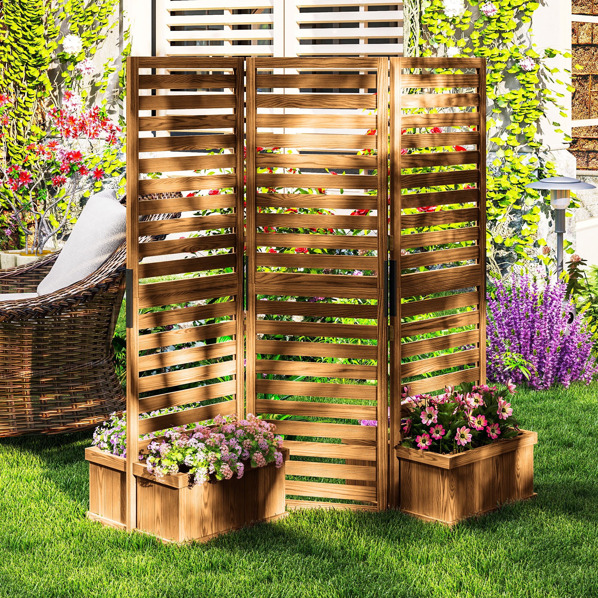 Outdoor Privacy Screen Wood Privacy Panel with 4 Planter Boxes, Raised Bed with 3 Panels, Drainage Holes, Natural