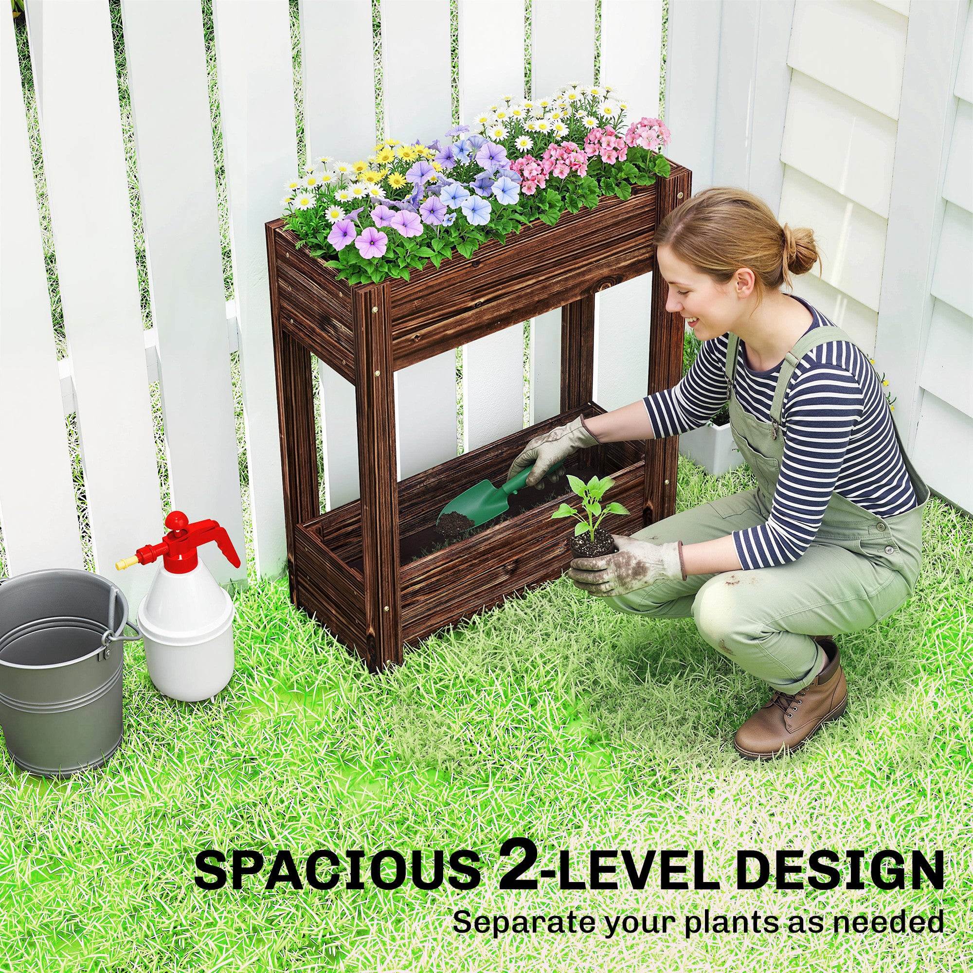 2-Tier Wooden Raised Garden Bed with Legs, 23.6" x 9.8" x 27.6" Elevated Planter Box with Drainage Holes and Bed Liner