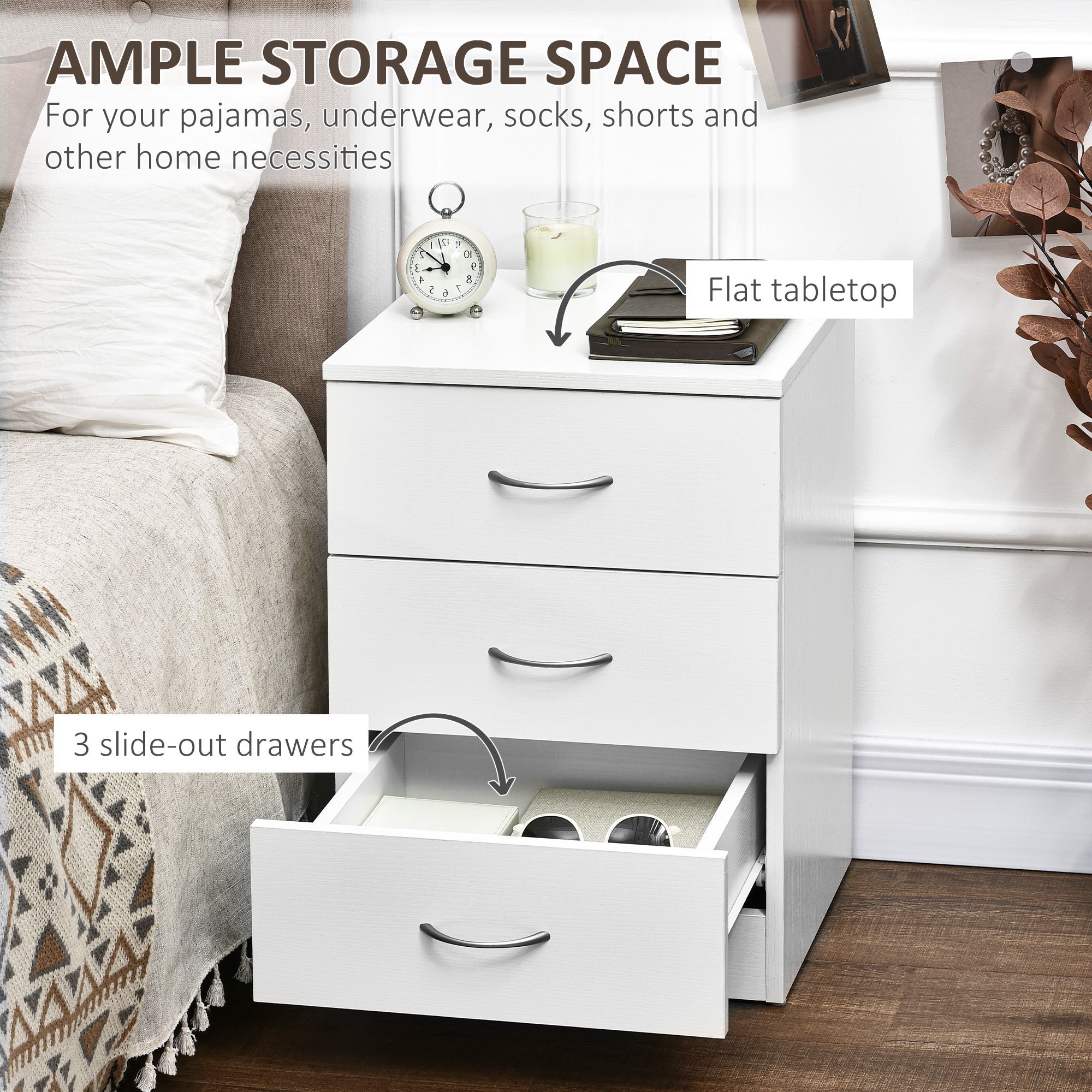 Bedside Table with 3 Drawers, Modern Wood Nightstand, Side End Table for Bedroom, White