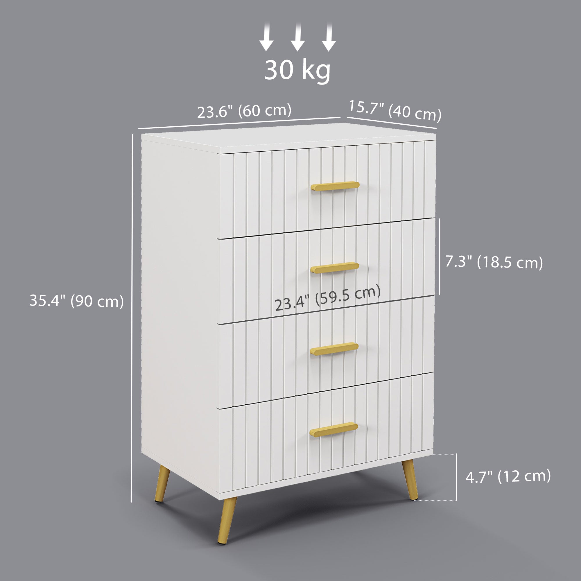 4 Drawer Cabinet, Drawer Chest for Bedroom, Chest of Drawers with Aluminium Legs and Gold Handles, White