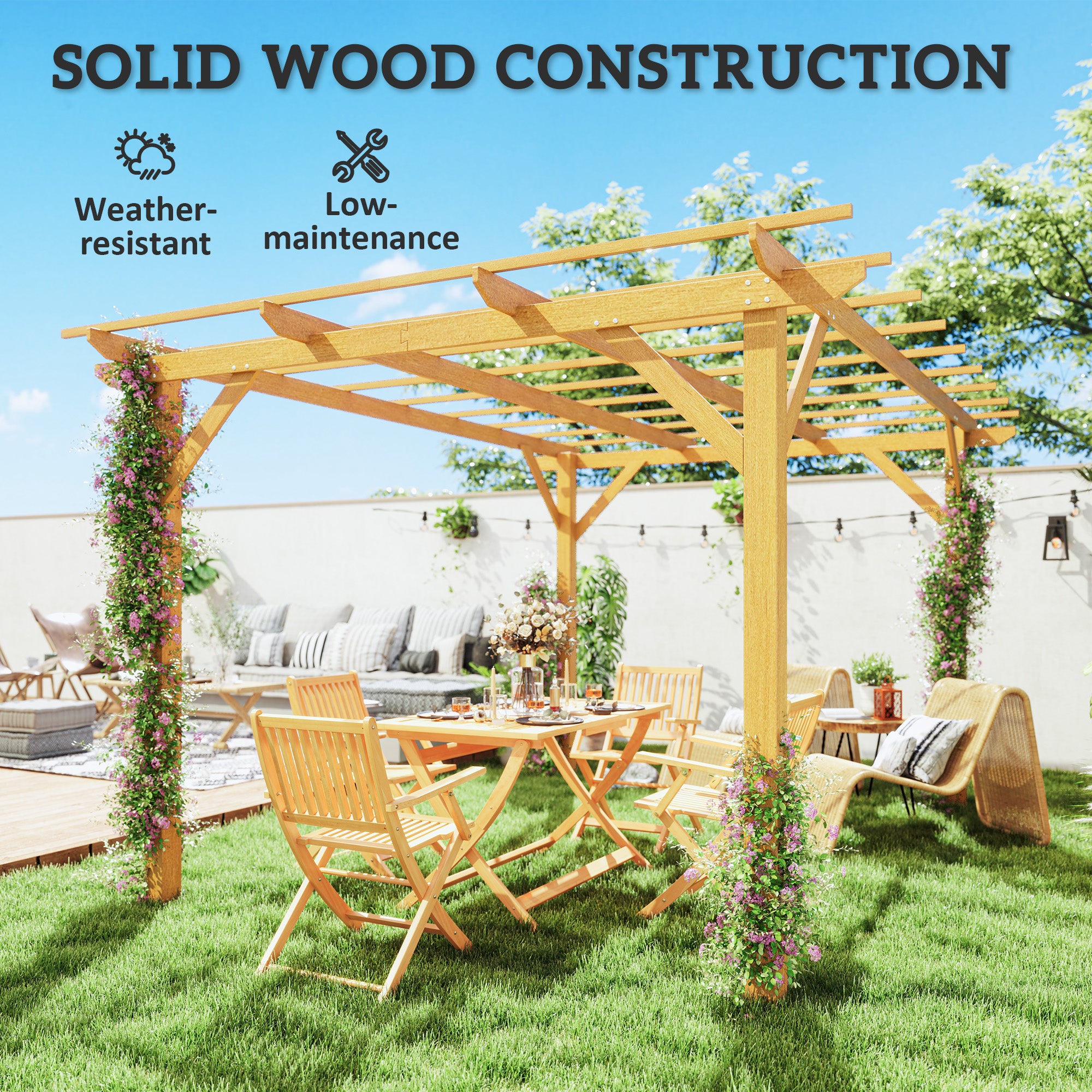 10' x 13' Wood Pergola, Outdoor Gazebo Grape Trellis for Climbing Plant Support, Garden, Patio, Backyard, Nature Wood