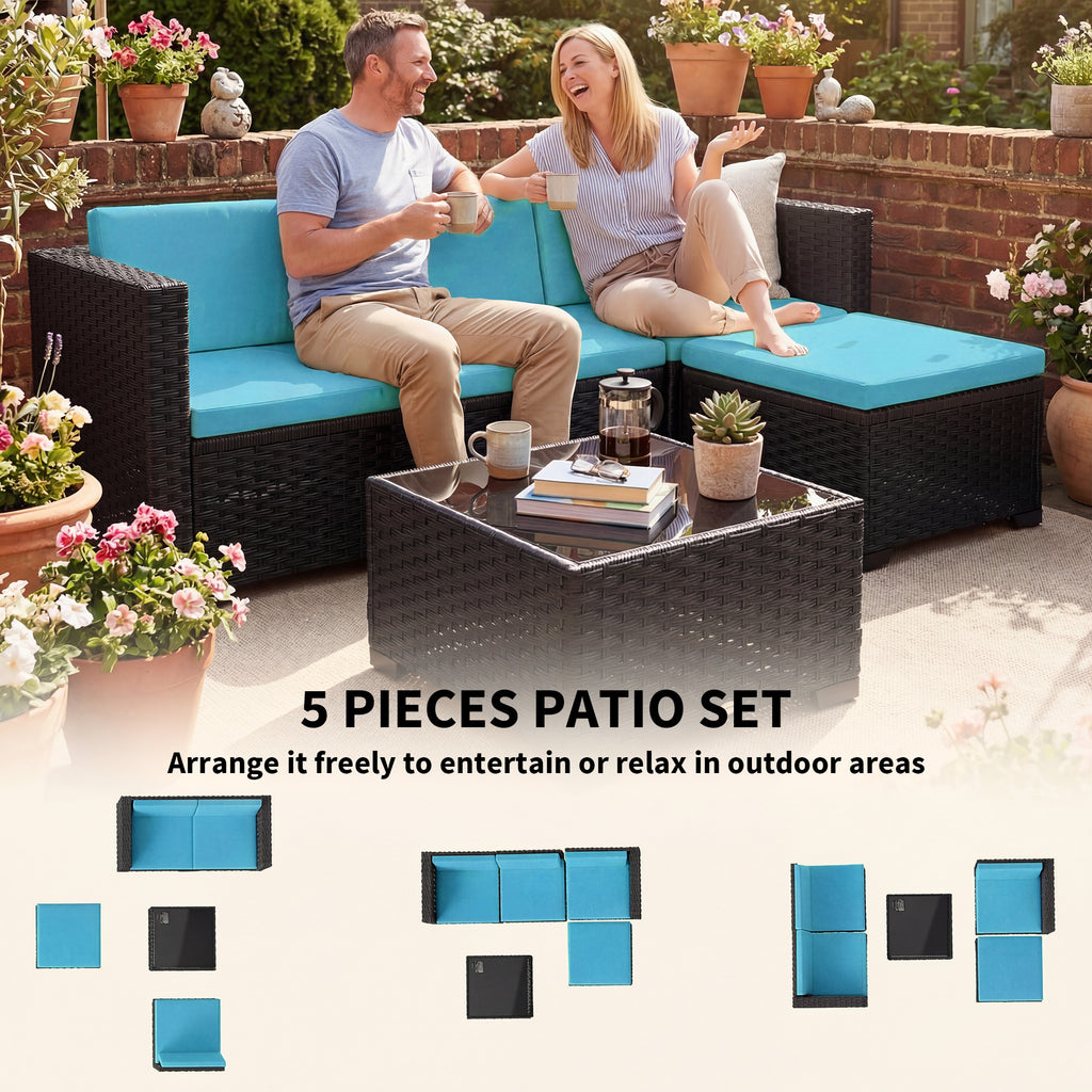 5 Piece Patio Furniture Set, L-Shape Wicker Outdoor Sectional with 3 Chairs, Ottoman, Glass Table, Cushions, Turquoise