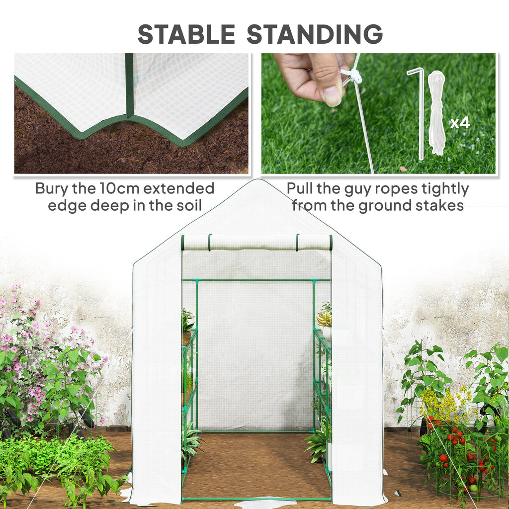 Walk-in Greenhouse with 3 Tier, Garden Plant Growhouse with Roll-up Door and Mesh Windows, 140 x 213 x 190 cm, White