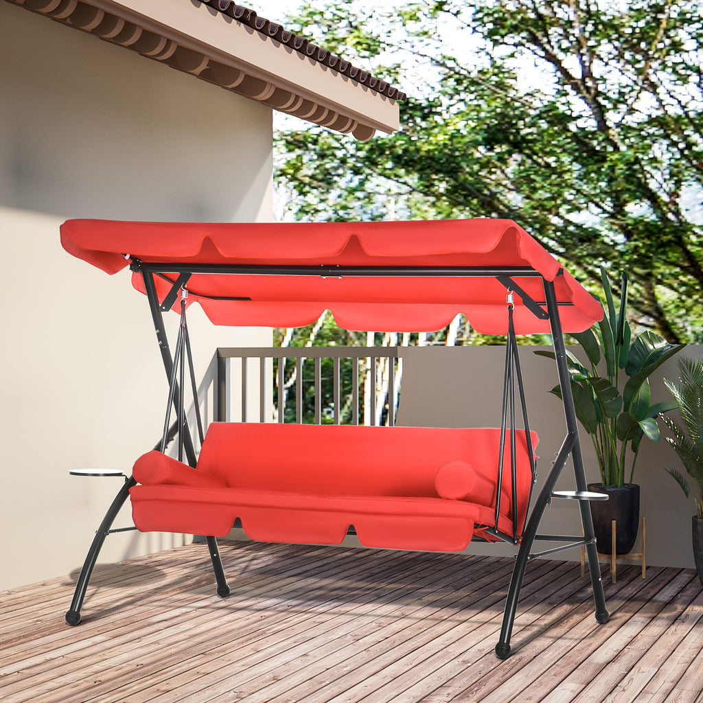 3-Seat Outdoor Patio Swing Chair, 2-in-1 Convertible Flat Bed, Canopy Swing Glider w/ Adjustable Shade, Removable Cushion and Pillows for Porch, Garden, Poolside