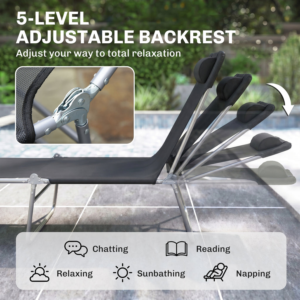 Outdoor Lounge Chair, Portable Adjustable Reclining Seat Folding Chaise Lounge Patio Camping Beach Tanning Chair Bed with Pillow, Black