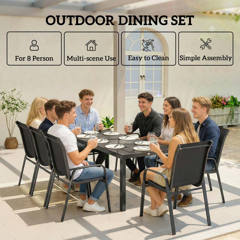9 Pieces Patio Set with Stackable Chairs, Patio Dining Set with Glass Top for Garden, Patio, Backyard, Black