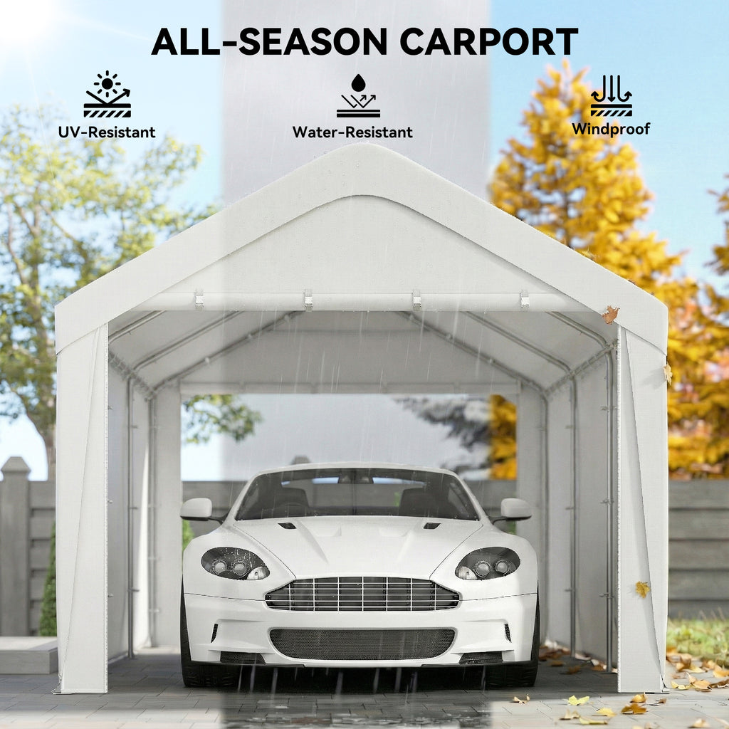 Carport, 10 x 20 ft Portable Garage with 2 Roll-Up Doors and Removable Sidewalls for Car, Truck, Boat, White