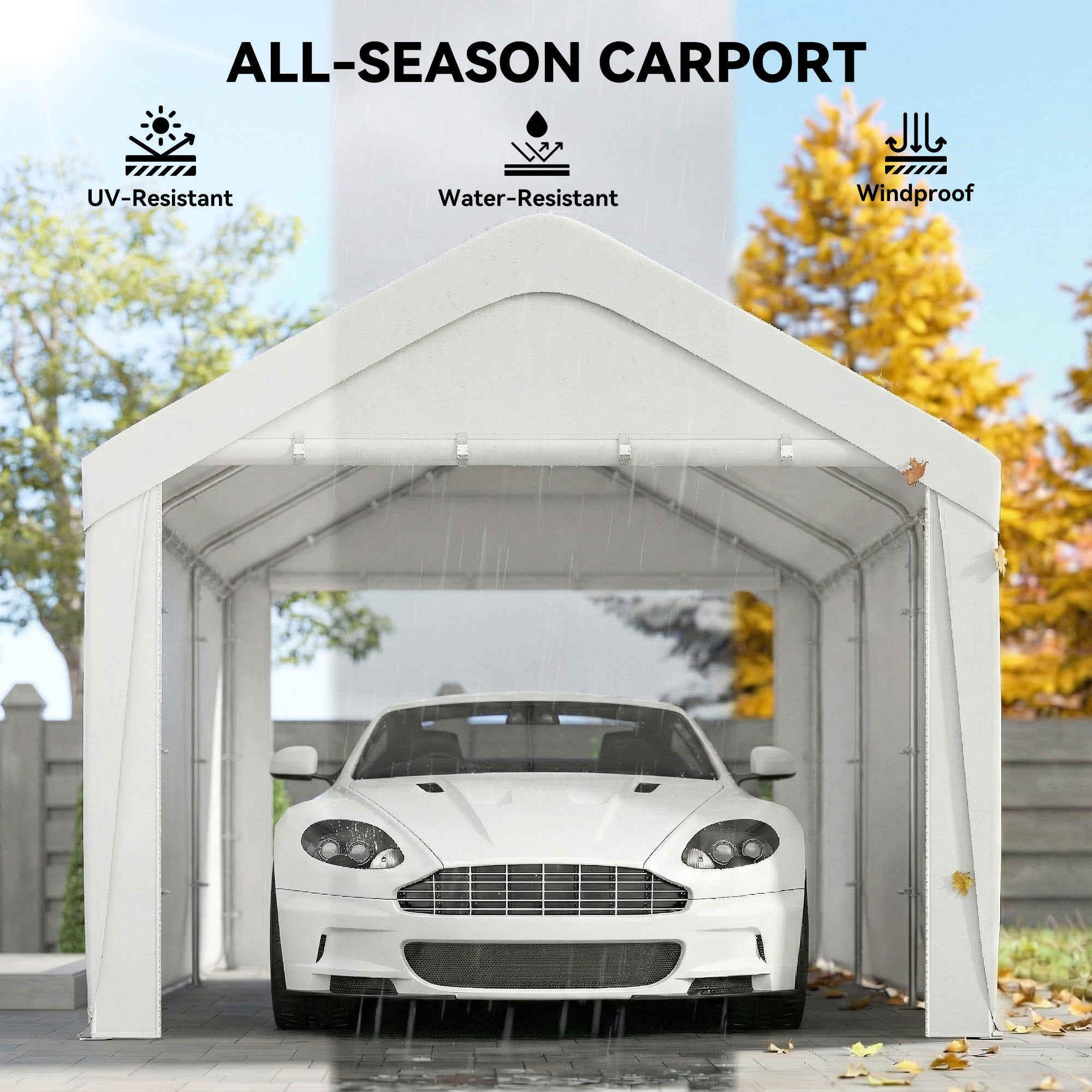 Carport, 10 x 20 ft Portable Garage with 2 Roll-Up Doors and Removable Sidewalls for Car, Truck, Boat, White