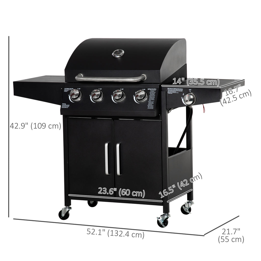 4+1 Burner Liquid Propane Gas Grill Outdoor Cabinet Style BBQ Trolley w/ Side Burner, Warming Rack, Side Shelf, Storage Cabinet, Thermometer, 4 Wheels, Carbon Steel, Black