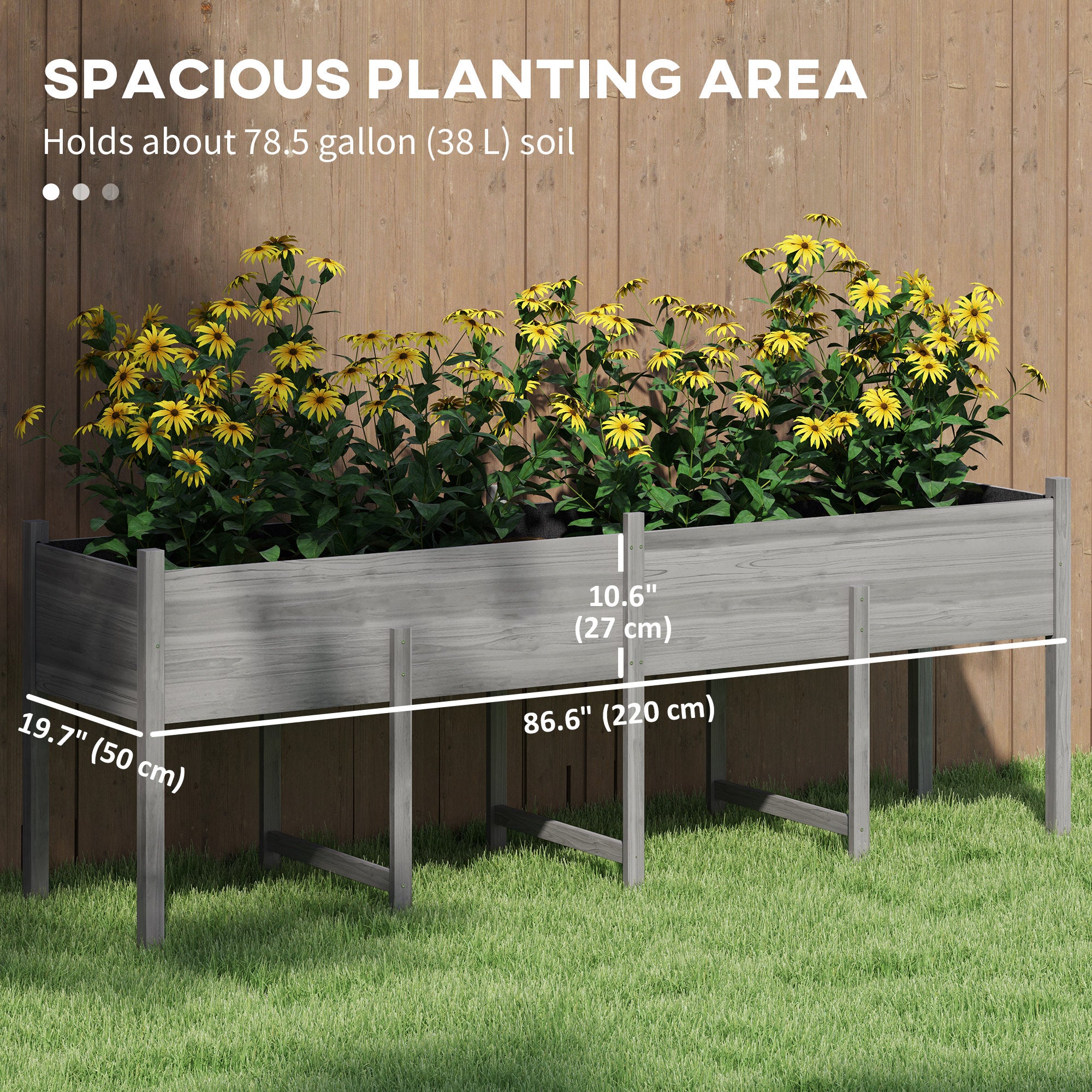 Wooden Raised Garden Bed Planter, Large Elevated Planter Box with Legs, Bed Liner and Drain Holes, Grey