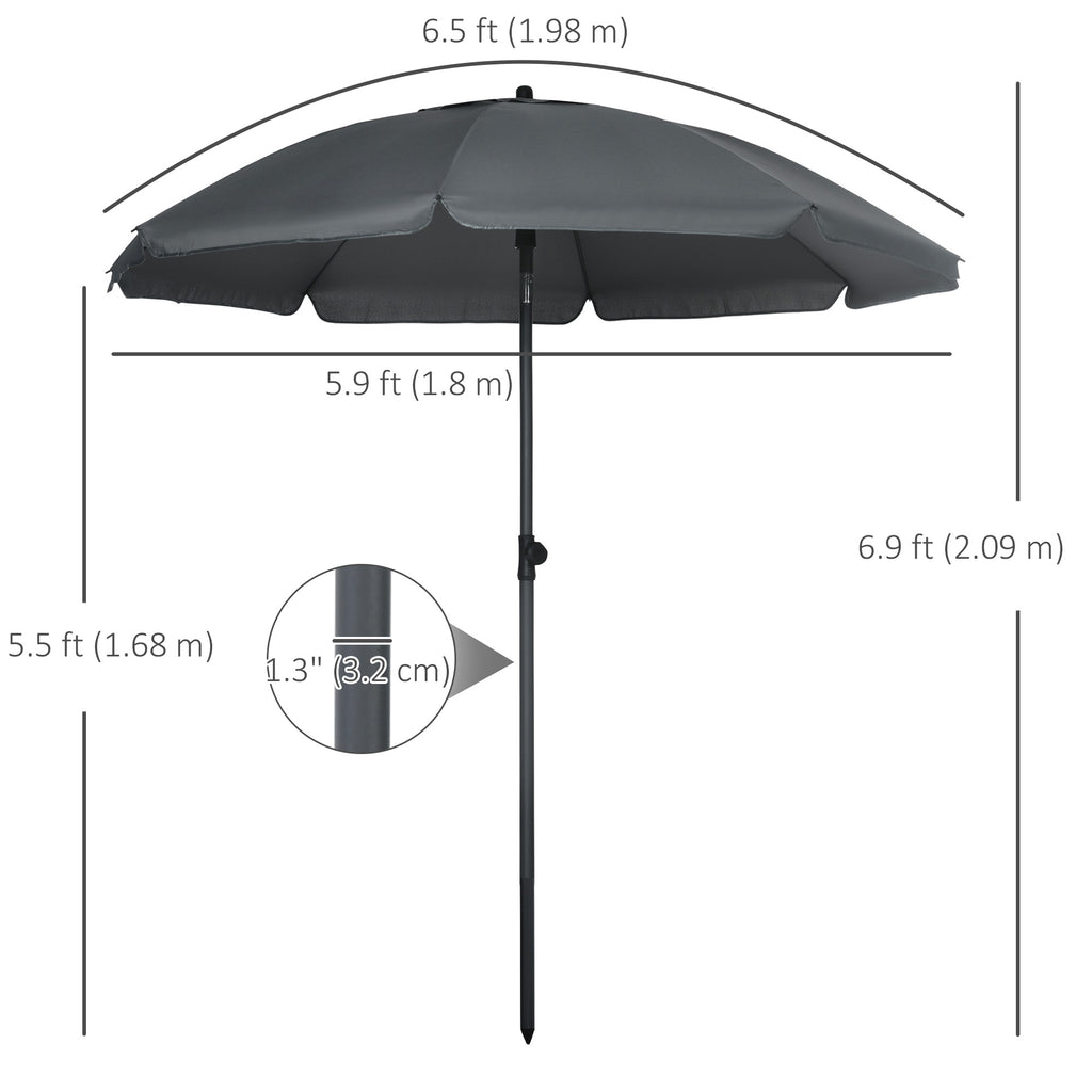 6ft Beach Umbrella, Outdoor Sun Shade Parasol with Push Button Tilt, Ruffled  UV50+ Vented Canopy, Dark Grey