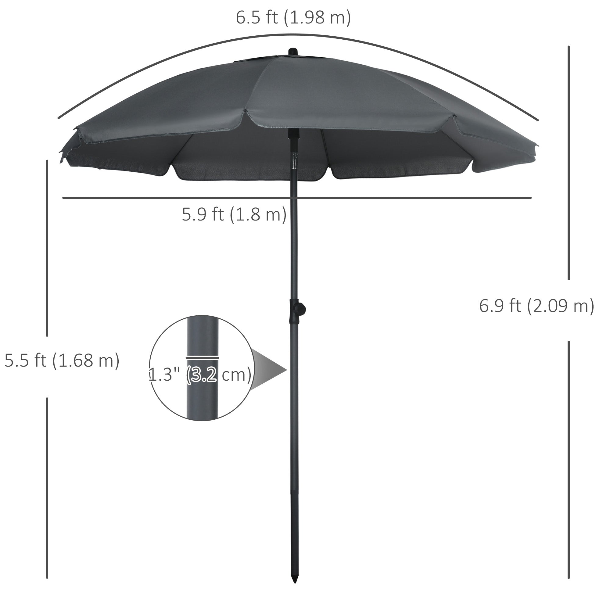 6ft Beach Umbrella, Outdoor Sun Shade Parasol with Push Button Tilt, Ruffled  UV50+ Vented Canopy, Dark Grey