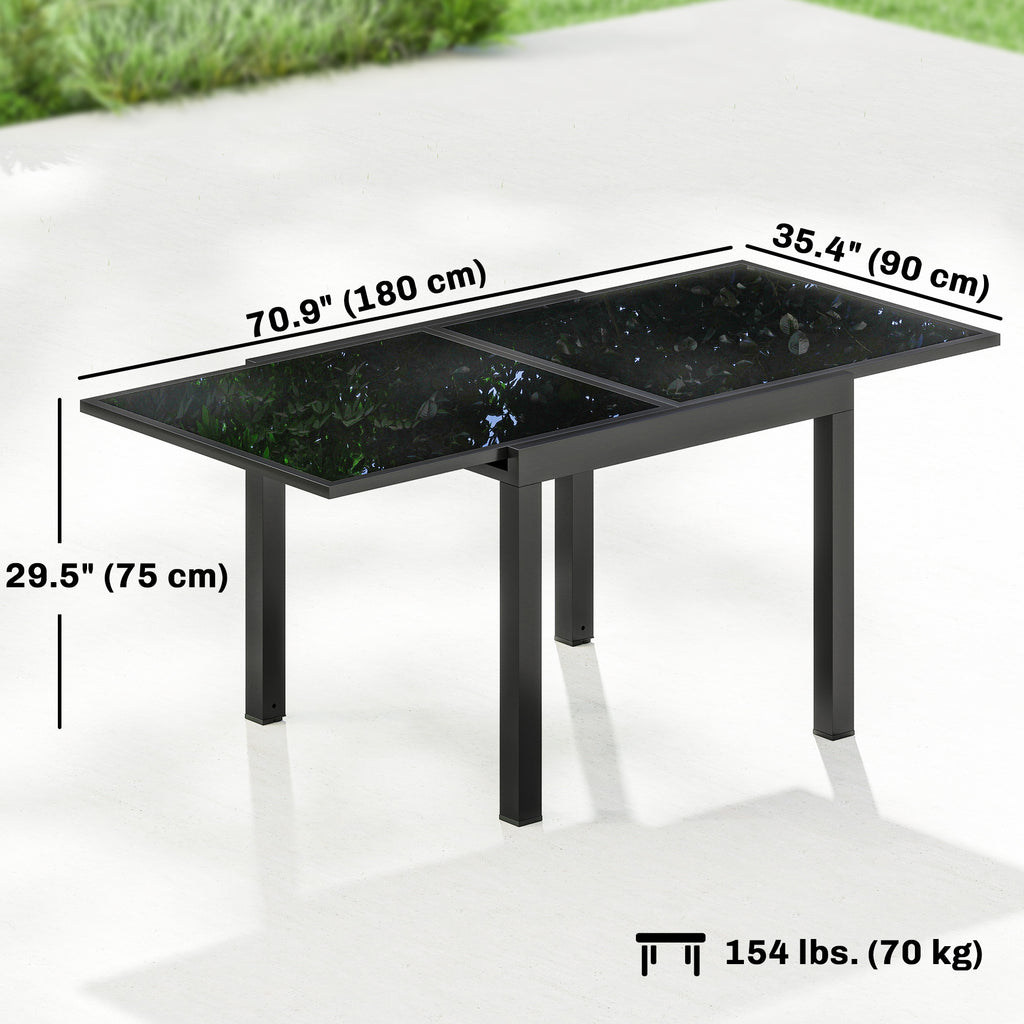 Aluminum Expandable Outdoor Dining Table with Tempered Glass Tabletop and Aluminum Frame, for Garden, Backyard, Black
