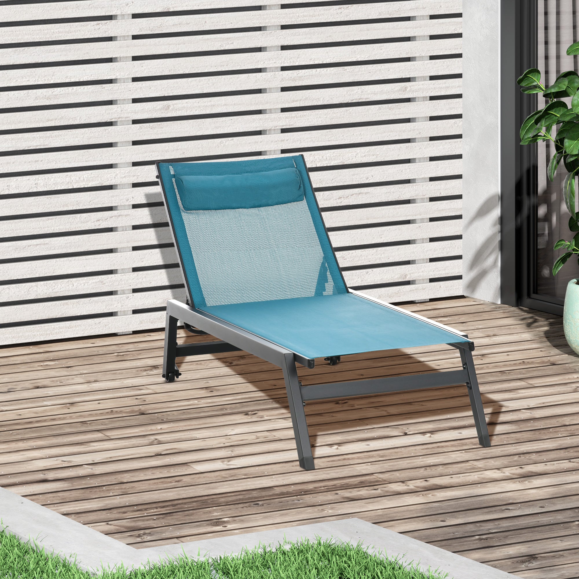 Outdoor Lounge Chair, 5-Position Tanning Chair with Wheels, Headrest, Aluminum Frame for Poolside, Beach, Blue