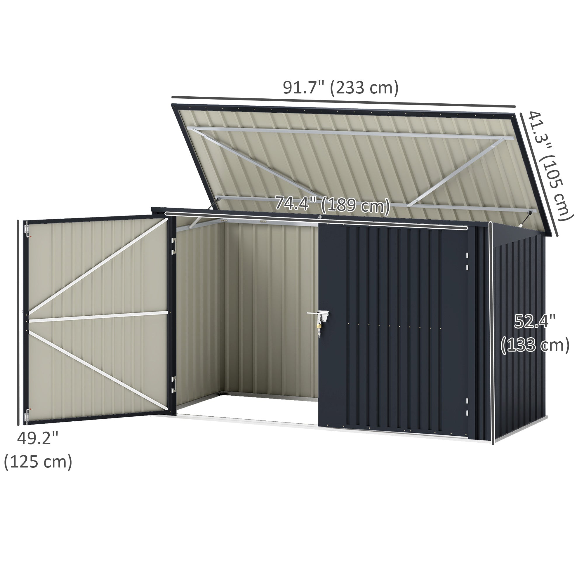 7.6 x 3.4ft Outdoor Storage Shed, Triple Garbage Bin Shed Organizer with Lockable Double Doors and Openable Lid