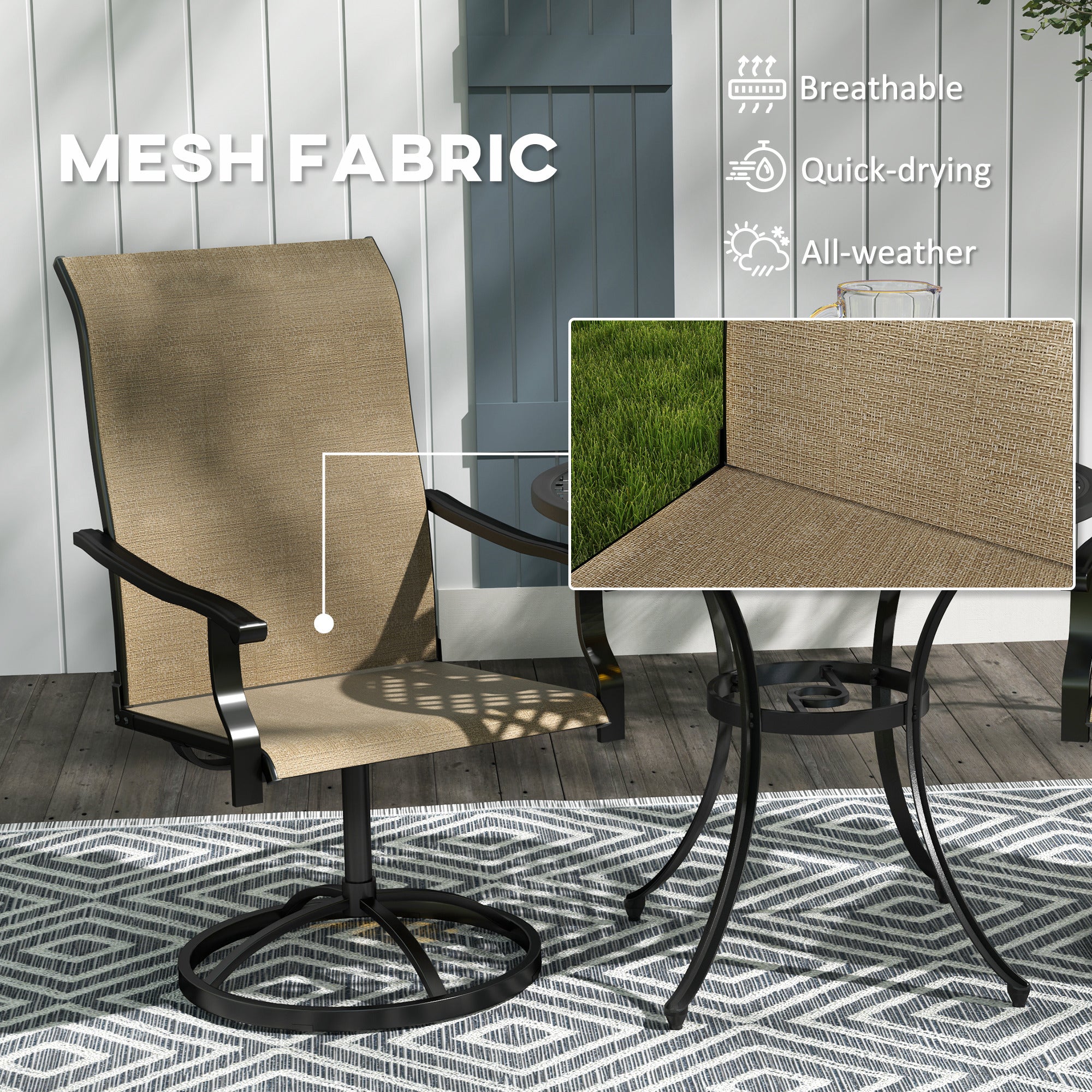 Outdoor Swivel Dining Chairs Set of 2, High Back Swivel Chairs with All Weather Mesh for Deck, Backyard, Poolside, Brown