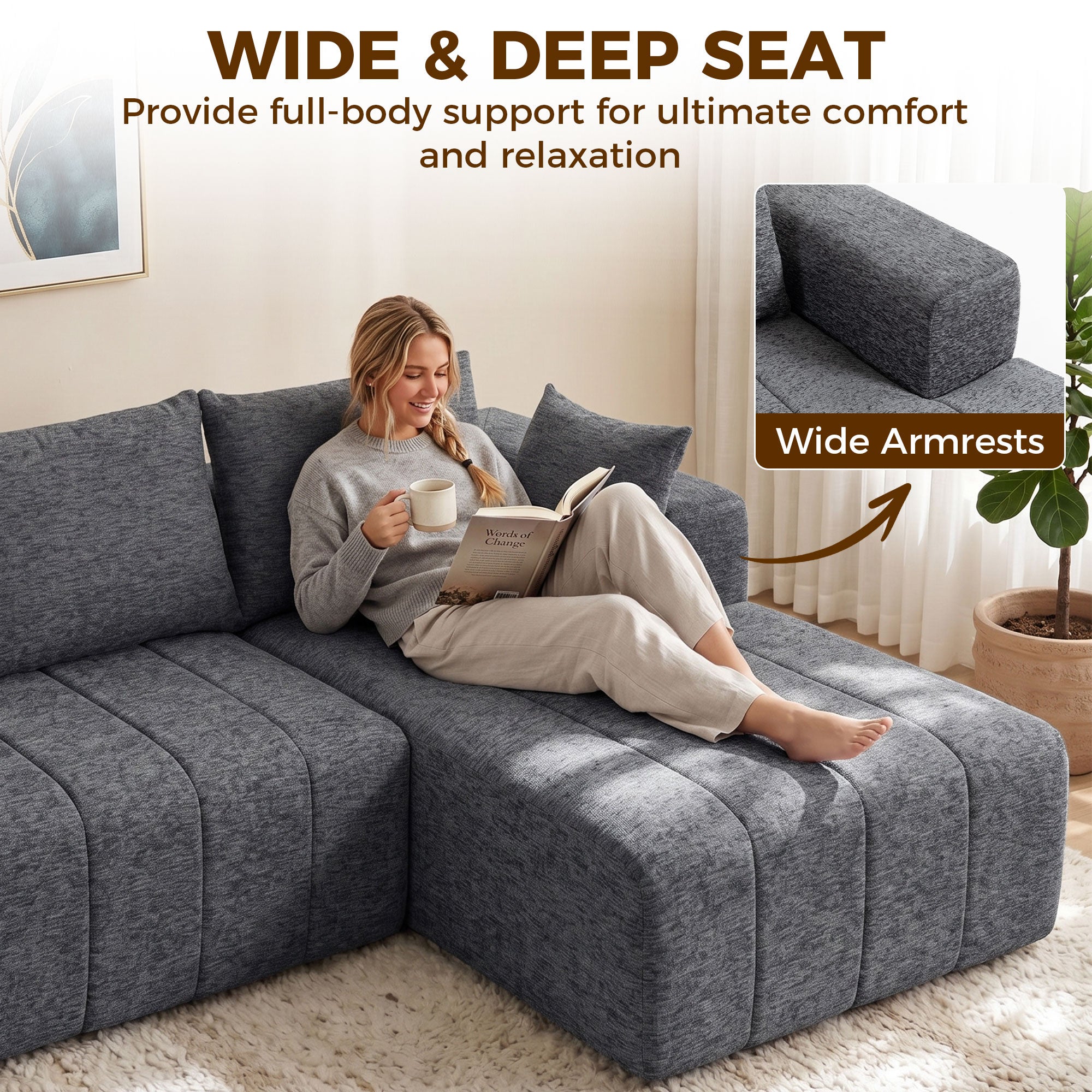 101" Modular Sectional Sofa with Chaise, Chenille Boneless Cloud Sofa Bed, 3 Seater L-Shaped Couch, No Assembly, Grey
