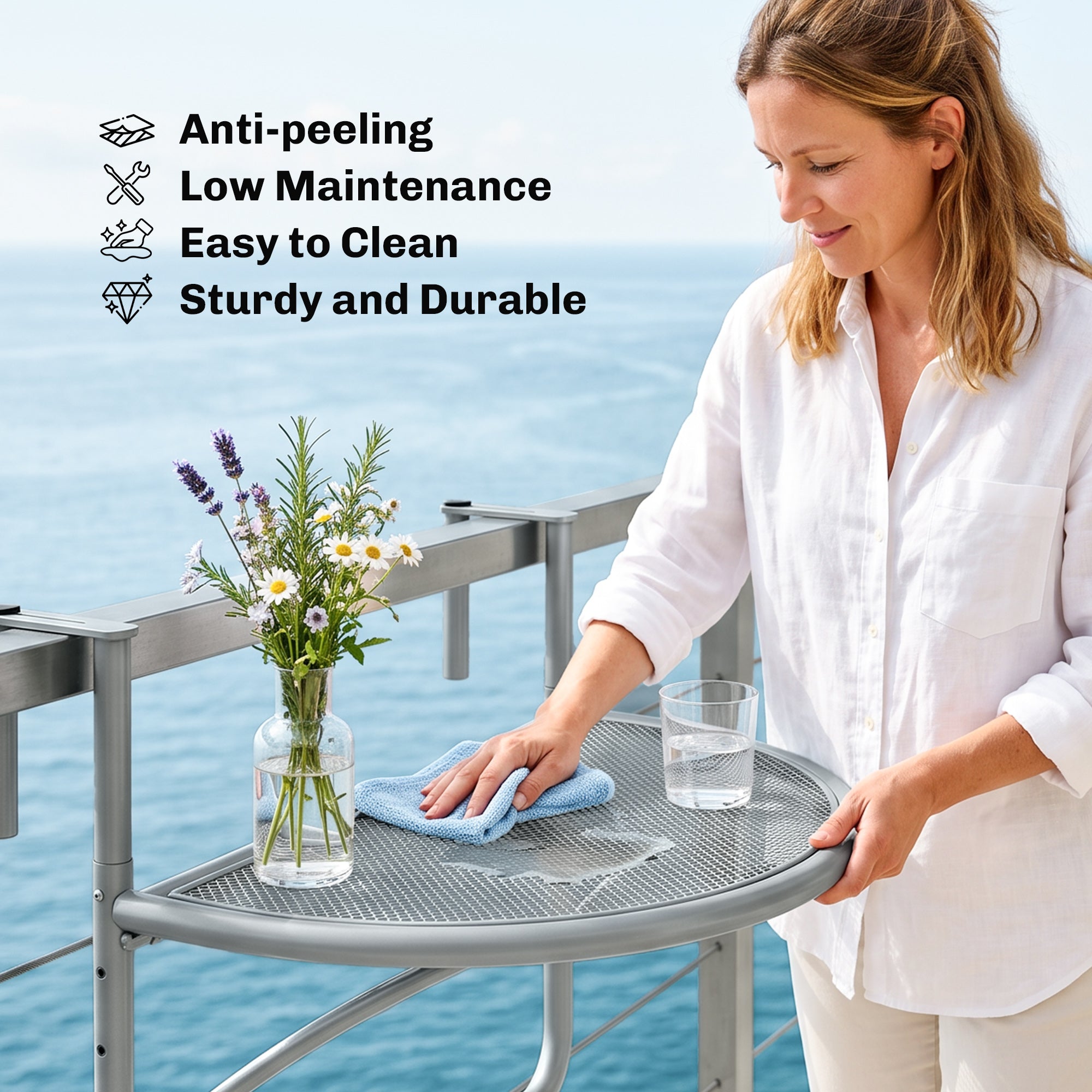 Adjustable Balcony Hanging Railing Table, Metal Mounting Mini Wall Desk Storage Rack, Outdoor Flower Stand Serving Table Half Round, Grey