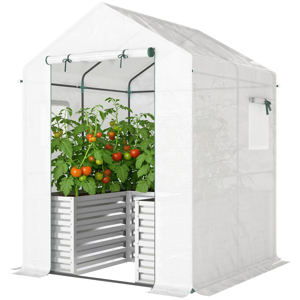 Greenhouse with Raised Garden Bed, Galvanized Metal Planter Box with PE Cover, Roll Up Door, 56" x 56" x 75", White