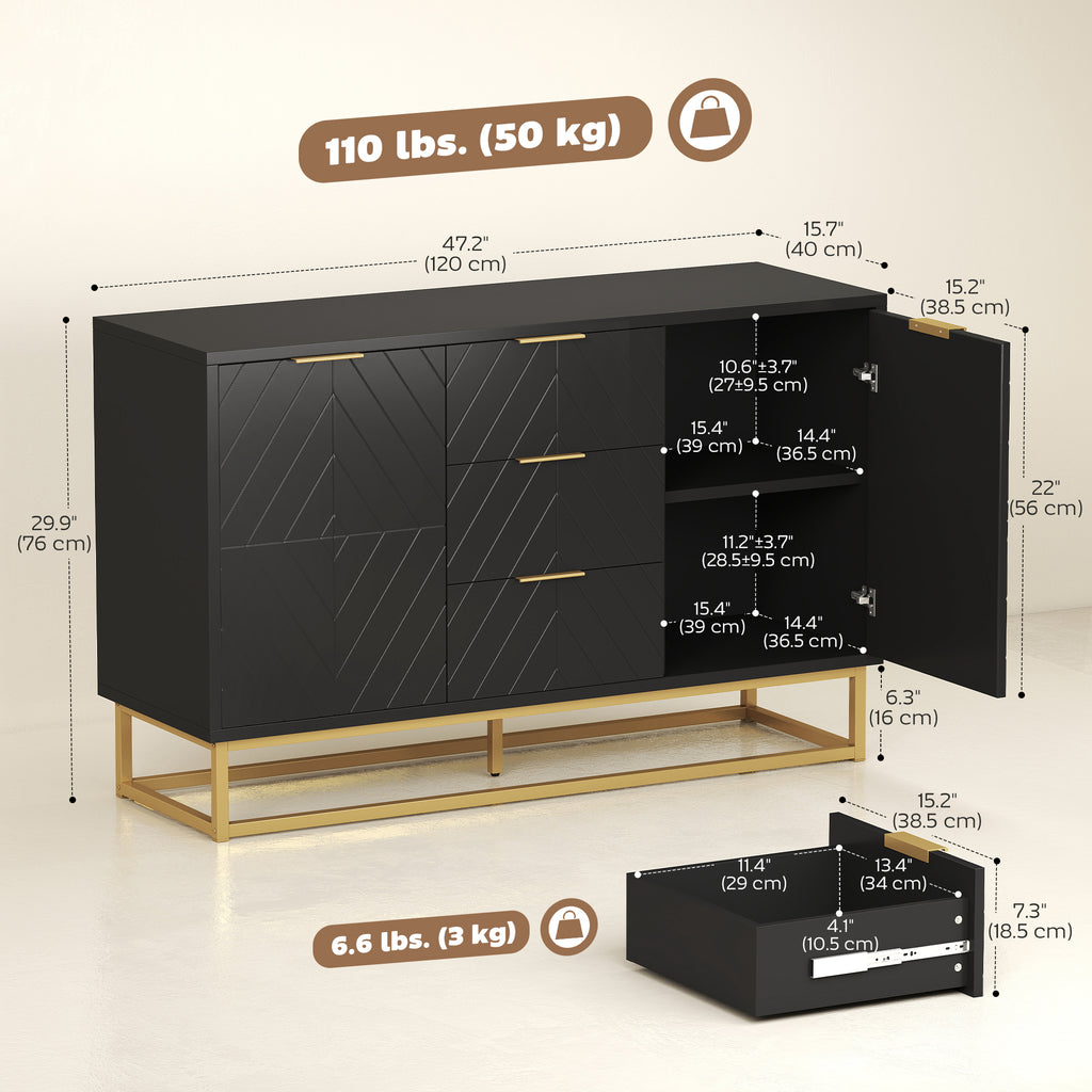 Sideboard Storage Cabinet with 3 Drawers, Adjustable Shelves and Doors, Kitchen Buffet Cabinet for Dining Room, Black