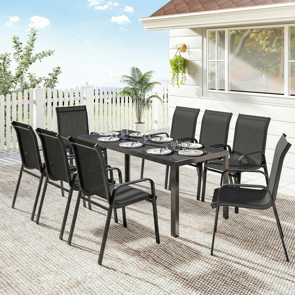 9 Pieces Patio Set with Stackable Chairs, Patio Dining Set with Glass Top for Garden, Patio, Backyard, Black