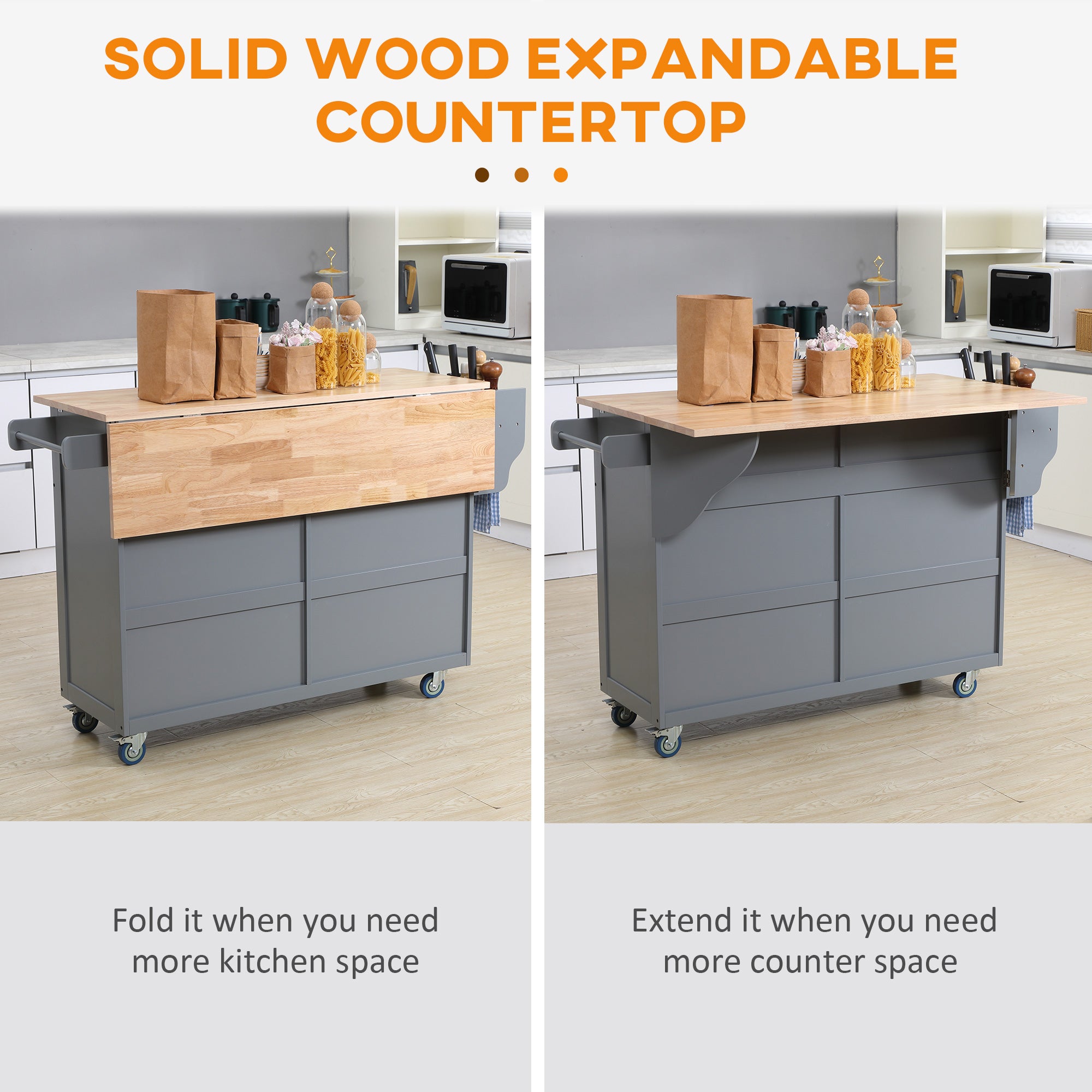 Kitchen Island with Storage, Rolling Kitchen Island with Drop Leaf, Rubber Wood Top and Adjustable Shelves, Grey