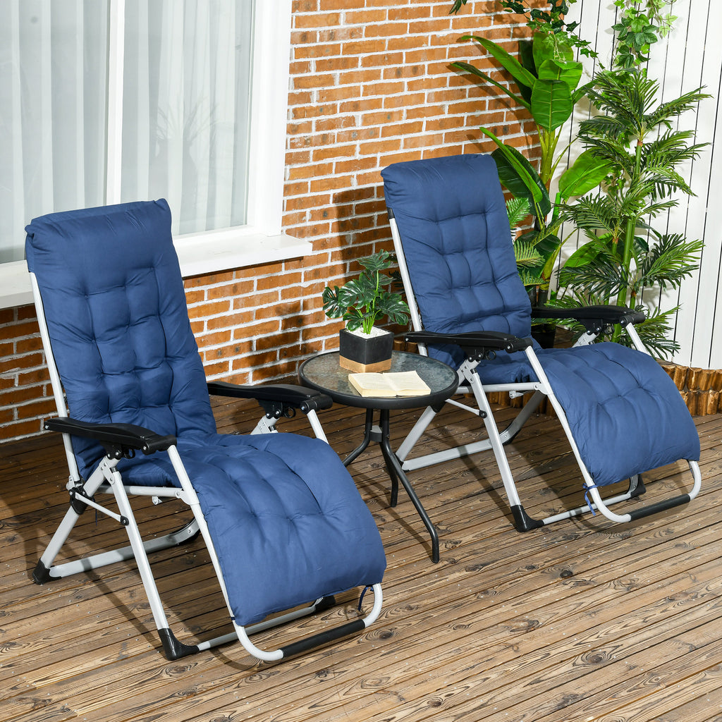 Folding Garden Chairs Set of 2, Reclining Zero Gravity Chair, Sun Lounger with Cushion and Headrest, Dark Blue