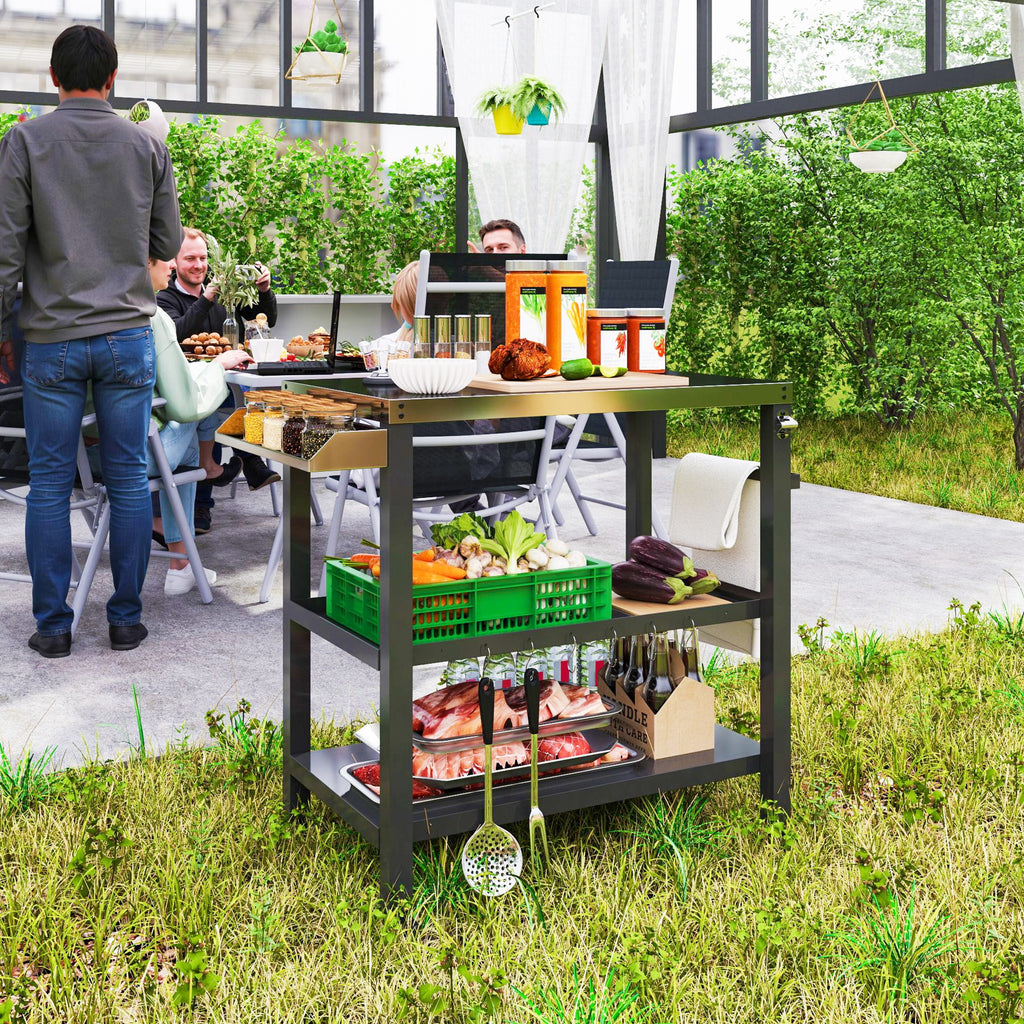 Outdoor Kitchen Bar Cart BBQ Table with Wheels, Stainless Steel Pizza Oven Stand, Movable Prep Table with Hooks