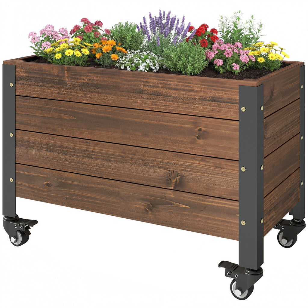 Raised Garden Bed with Wheels & Drainage Holes, Outdoor Planter Box with Liner for Patio Balcony