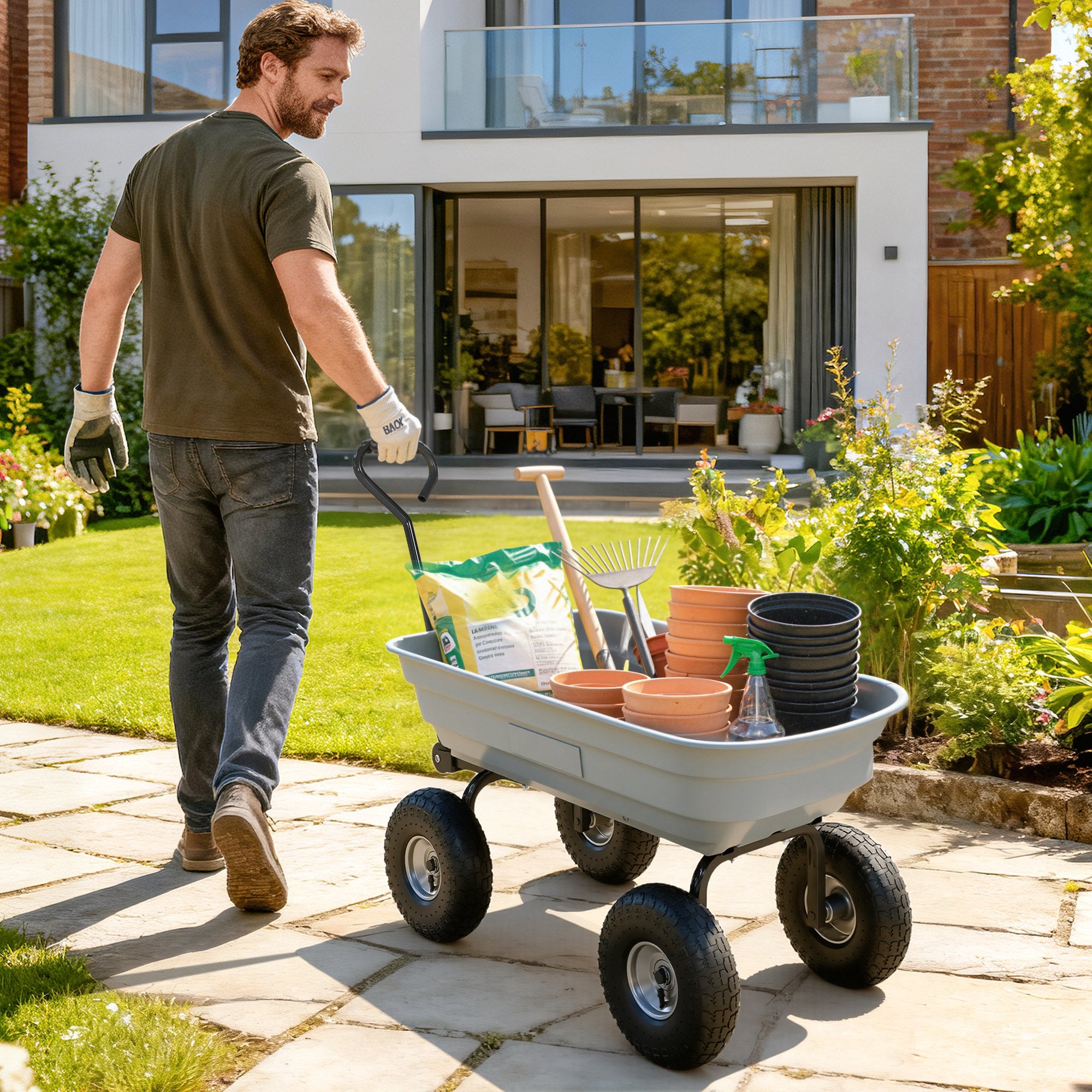 Steel Garden Cart with Handle and 10" Pneumatic Tires, Utility Wagon Cart for Garden Patio Lawn, 551lbs Capacity, Grey