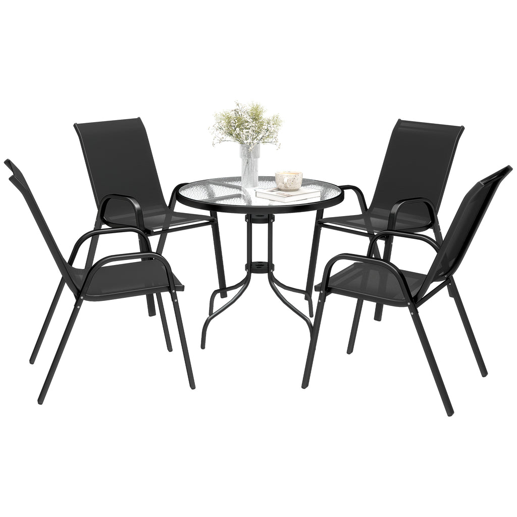 Five-Piece Steel Patio Set, with Glass-Top Table - Black
