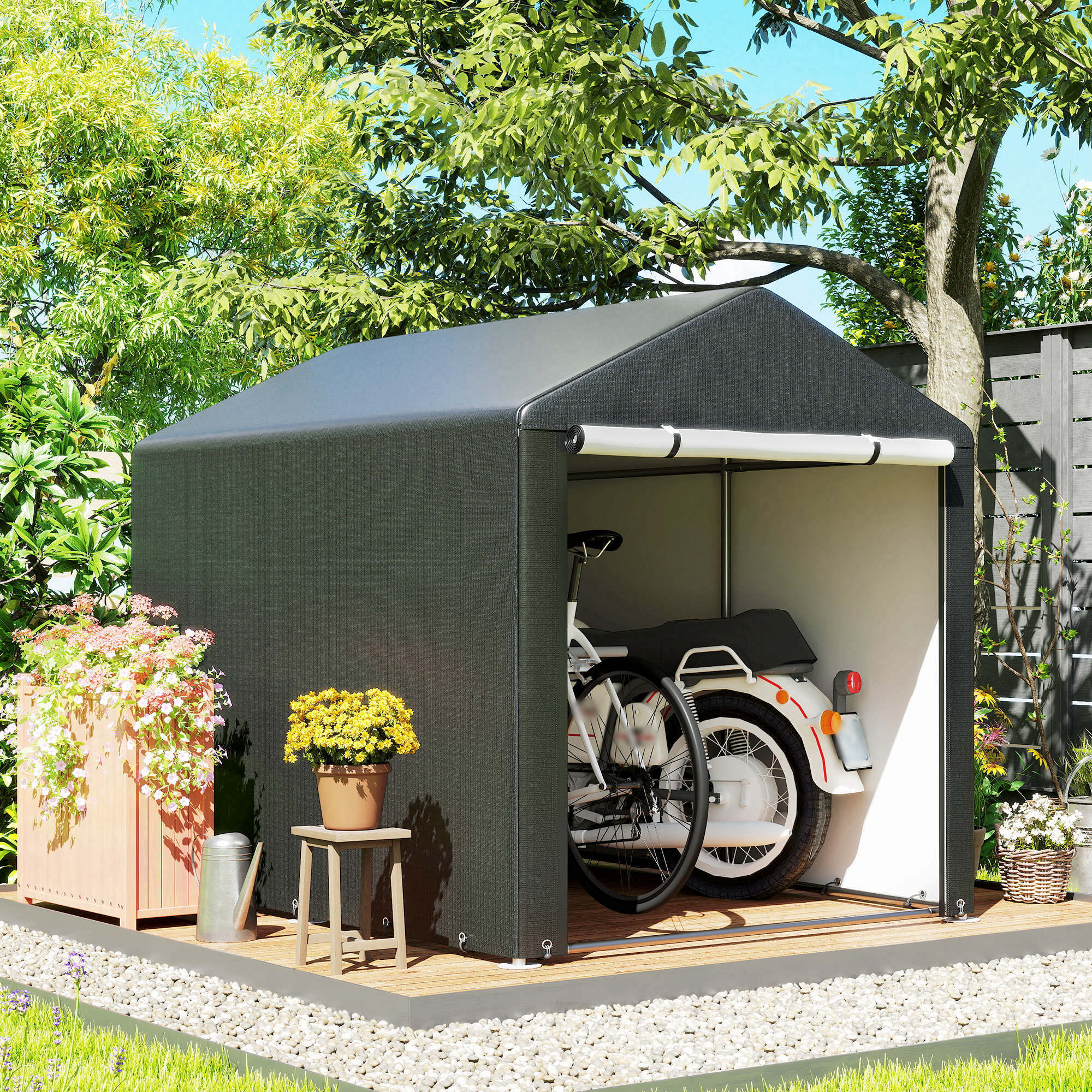 Portable Bicycle Shed with Galvanised Steel Frame and Large Door, Waterproof Outdoor Shed for Garden Tools, Black