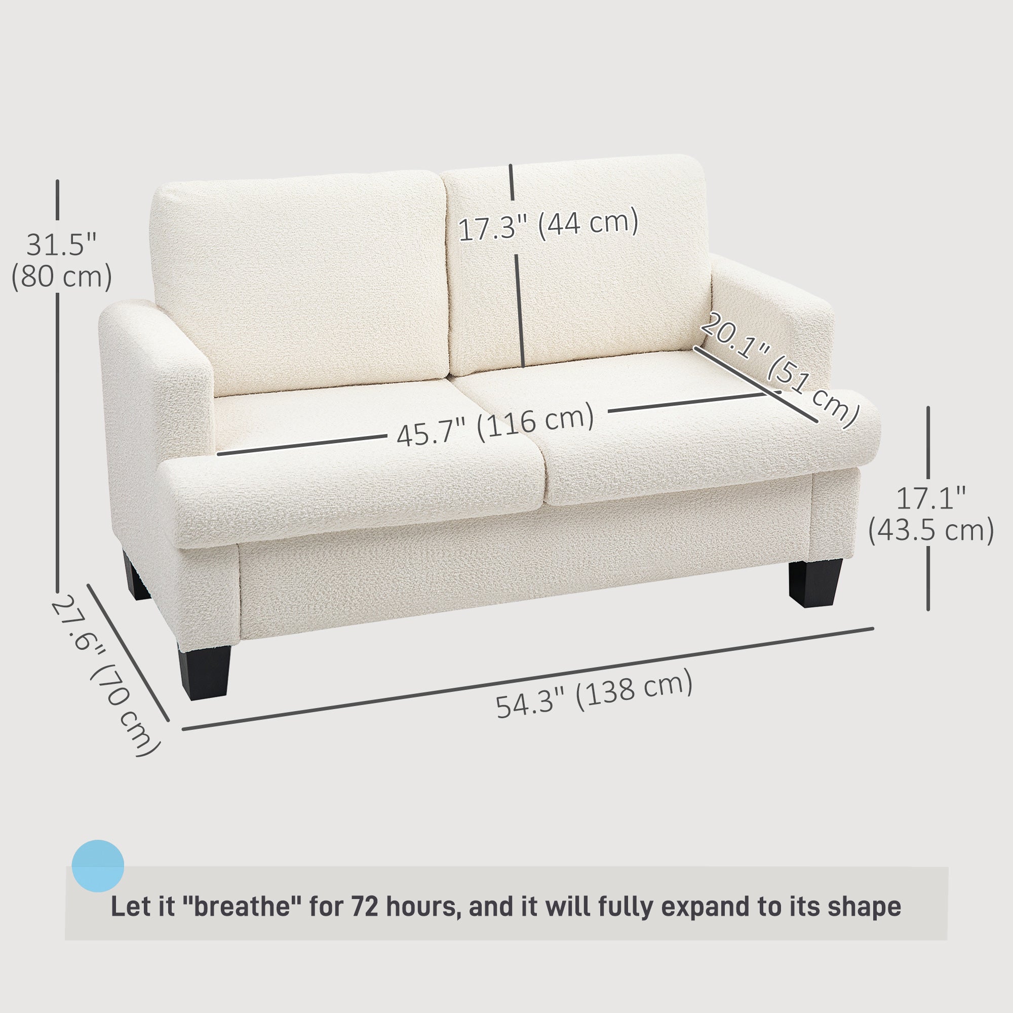 54.3" Loveseat Sofa, 2 Seater Sofa with Removable Cushions, Small Couch with Wood Frame for Living Room, Cream White