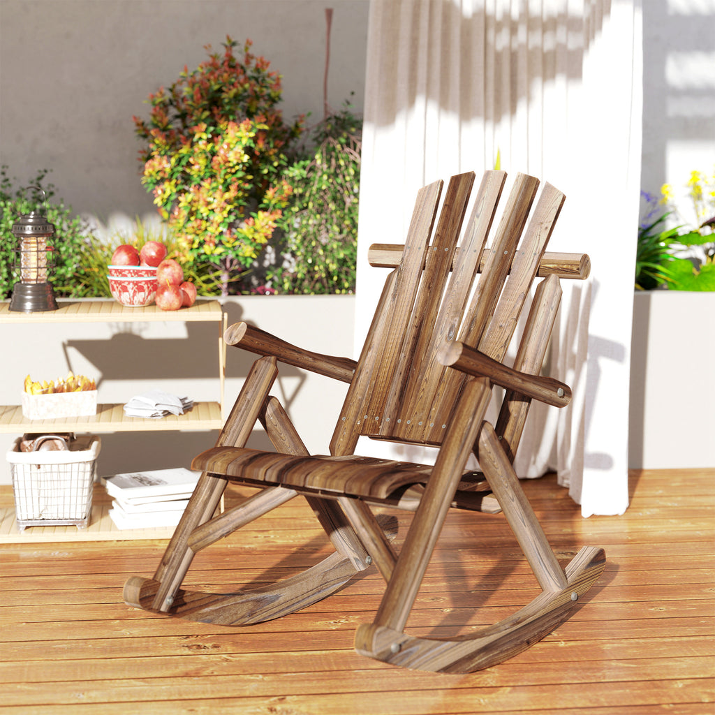 Wooden Outdoor Rocking Chair, Oversized Adirondack Patio Rocker with High Back and Slatted Seat, Carbonized
